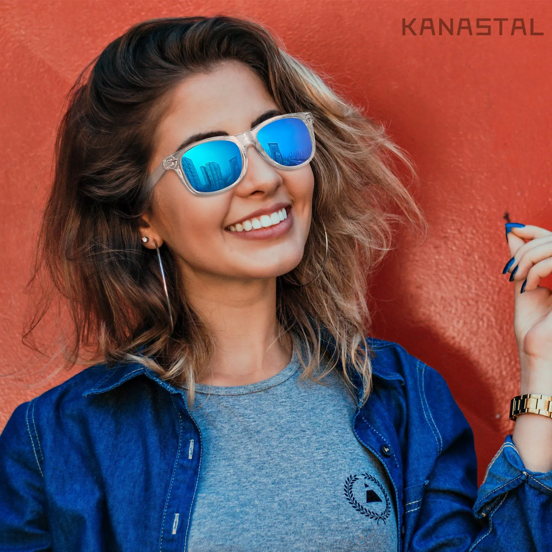 KANASTAL Occhiali da Sole Polarizzati UV400 Blu Specchio Montatura Trasparente - immagine 3