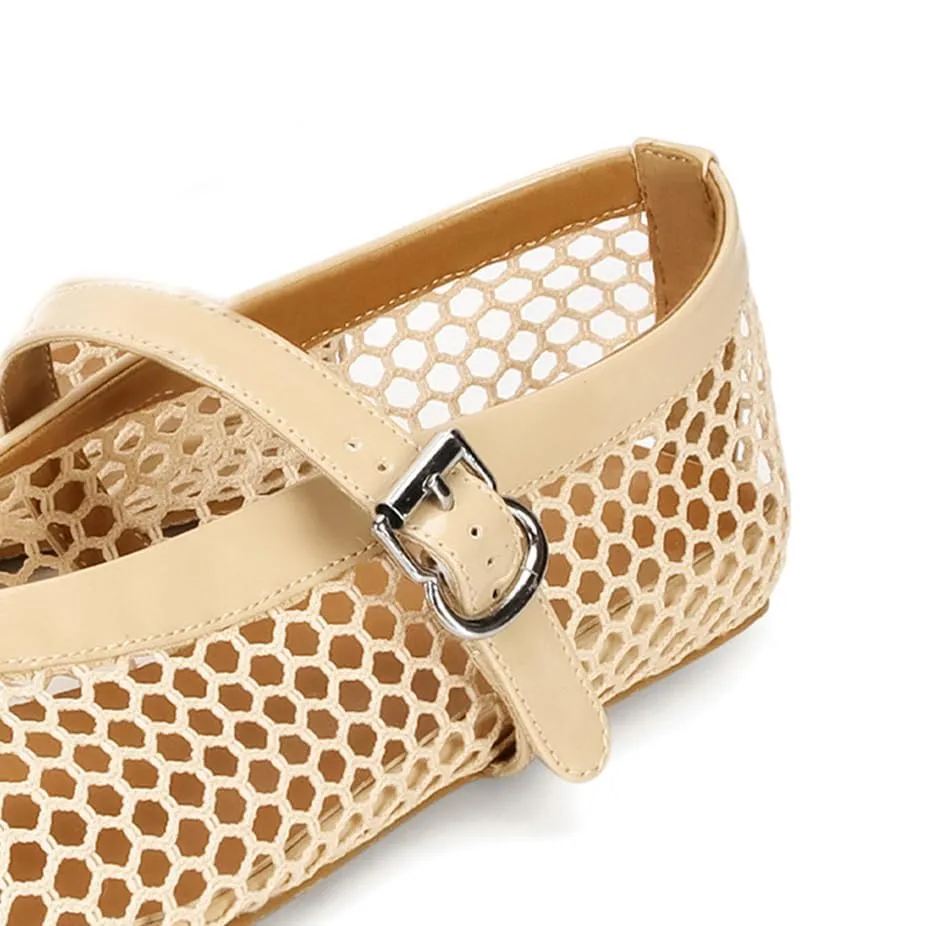 DOEYG Ballerine da Donna in Rete con Cinturino e Fibbia, Tacco Piatto, Nude, 37 EU - immagine 6