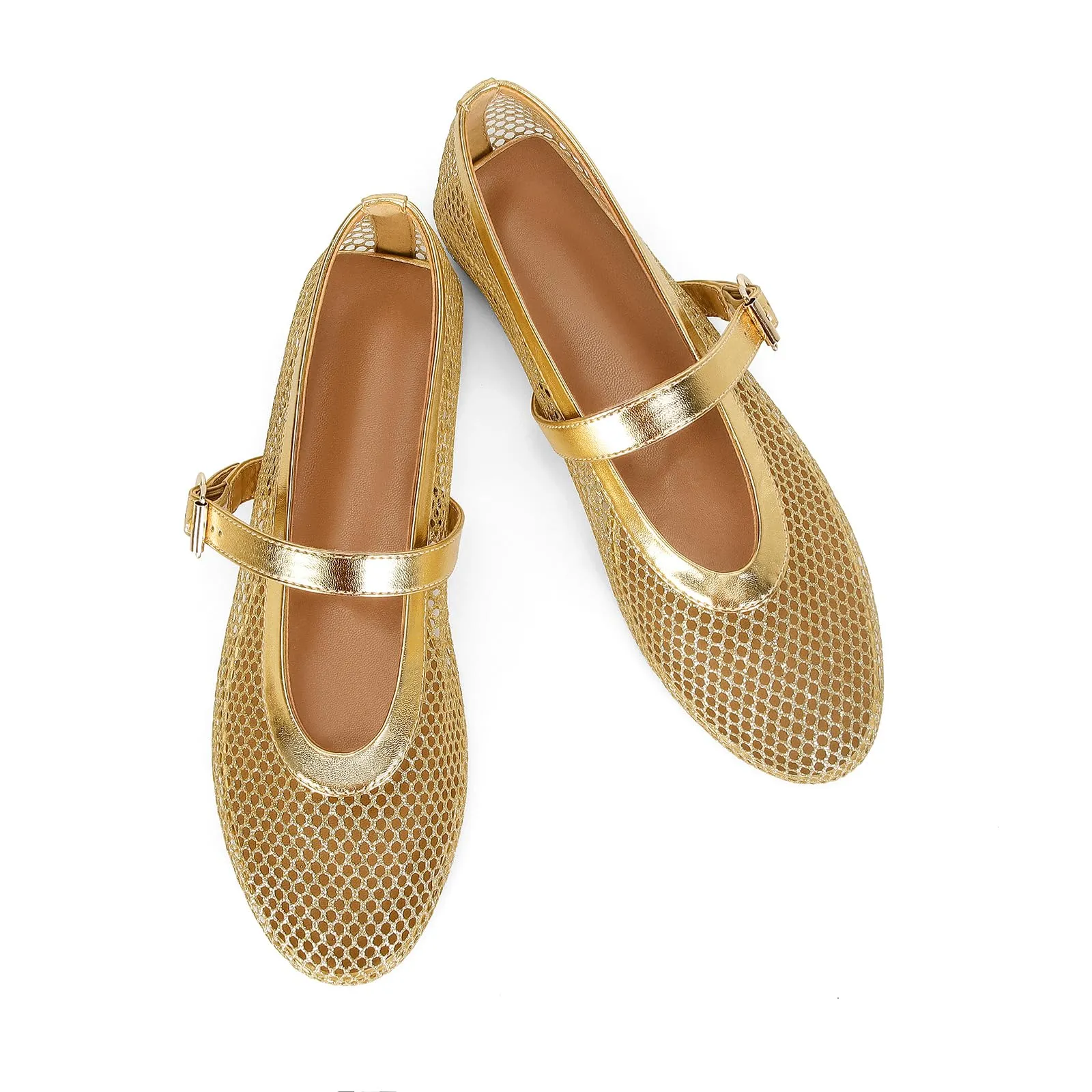 DOEYG Ballerine da donna in rete con cinturino e fibbia, Oro, 38.5 EU - immagine 3