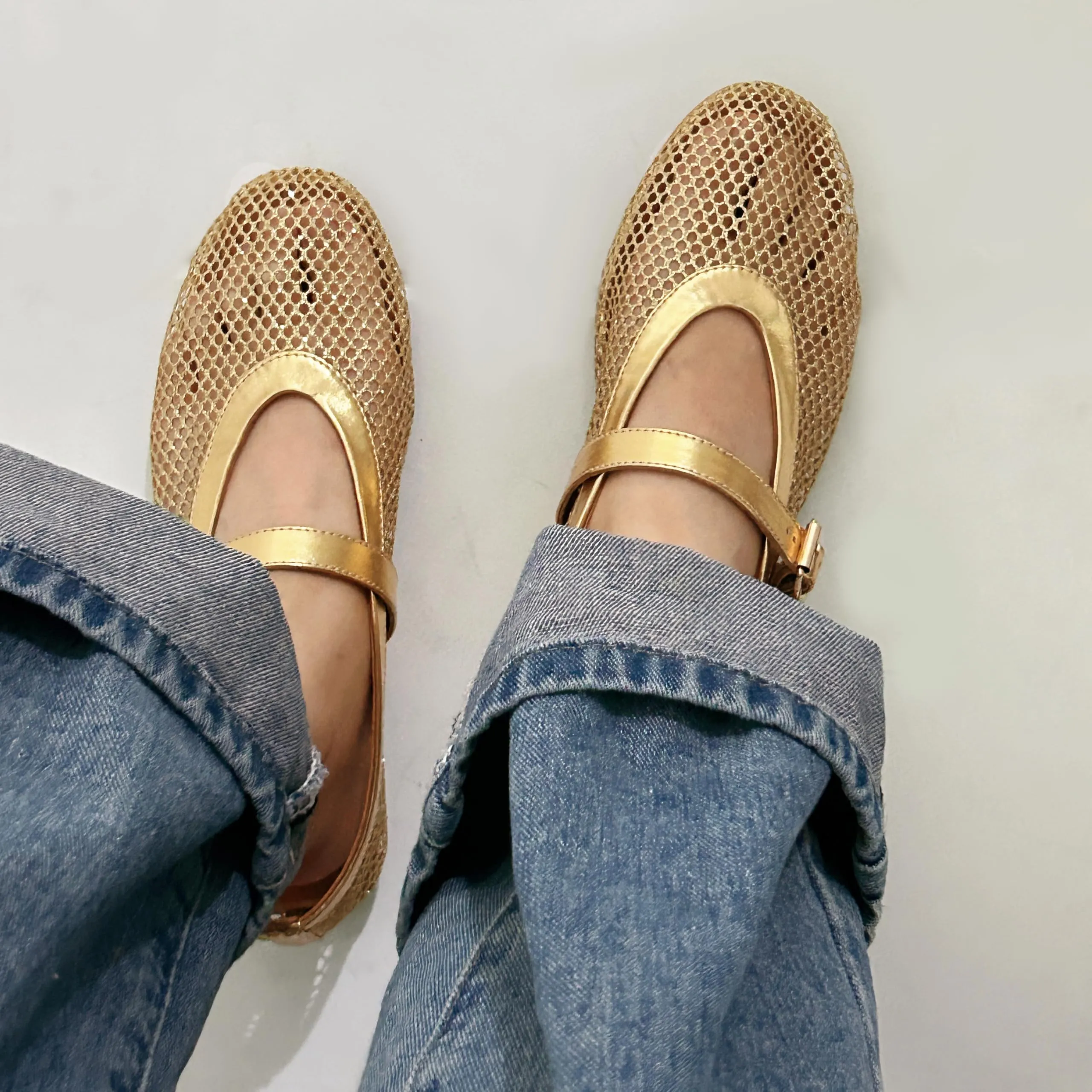 DOEYG Ballerine in rete da donna con fibbia, Oro, 40 EU - immagine 2