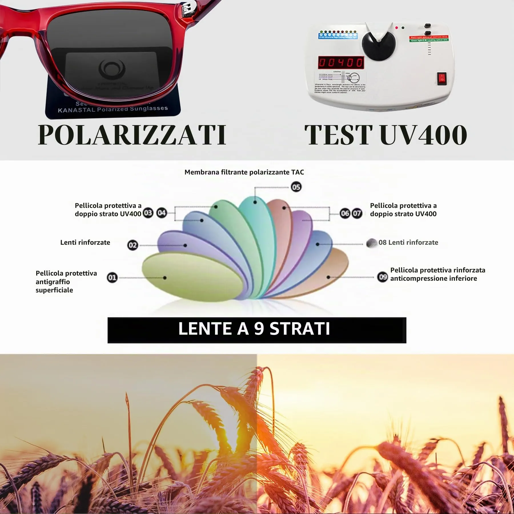 KANASTAL Occhiali da Sole Polarizzati UV400 Neri Sfumati Rossi - immagine 5