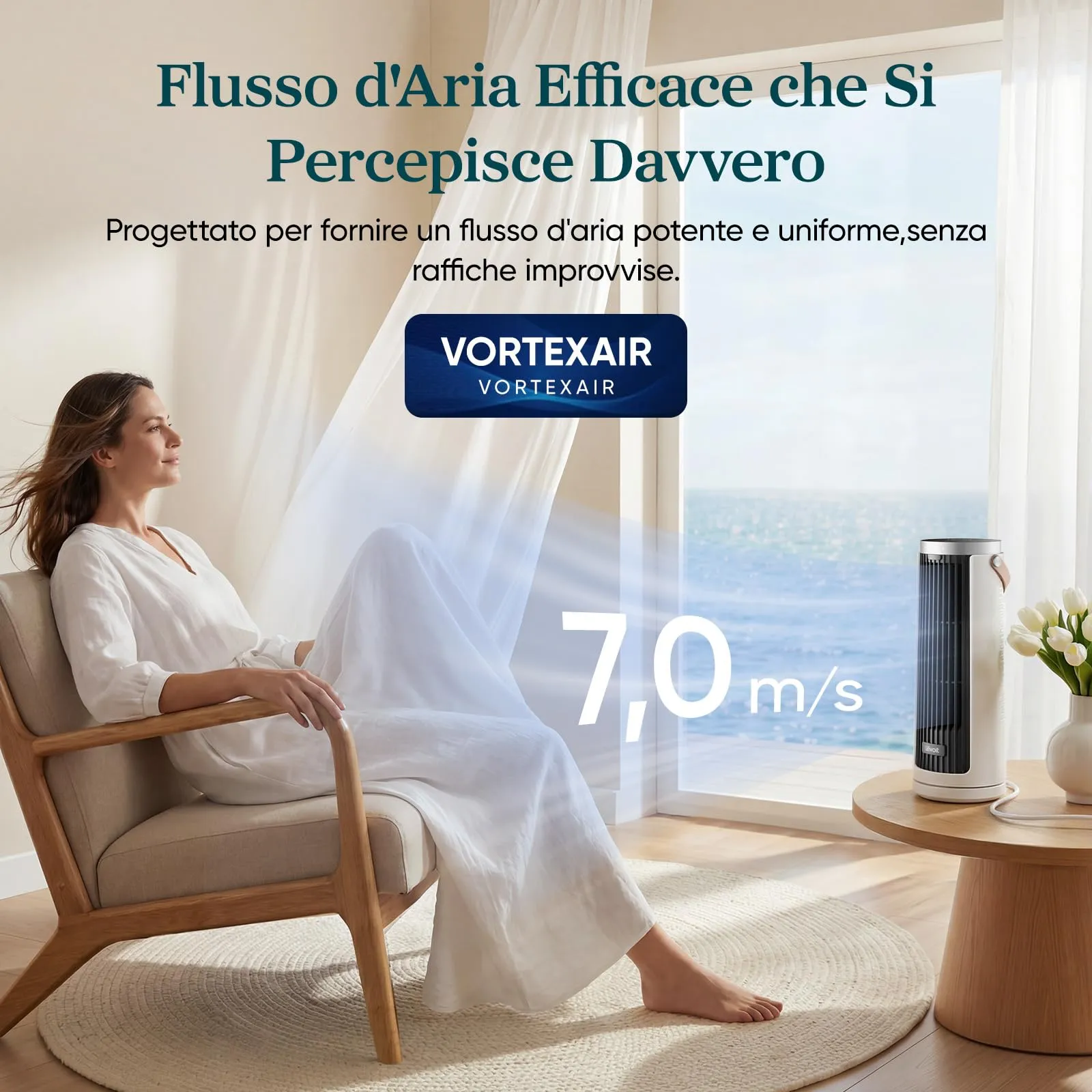 Levoit Windi Mini Ventilatore a Torre Compatto, Silenzioso 20dB, 7m/s, Bianco - immagine 3