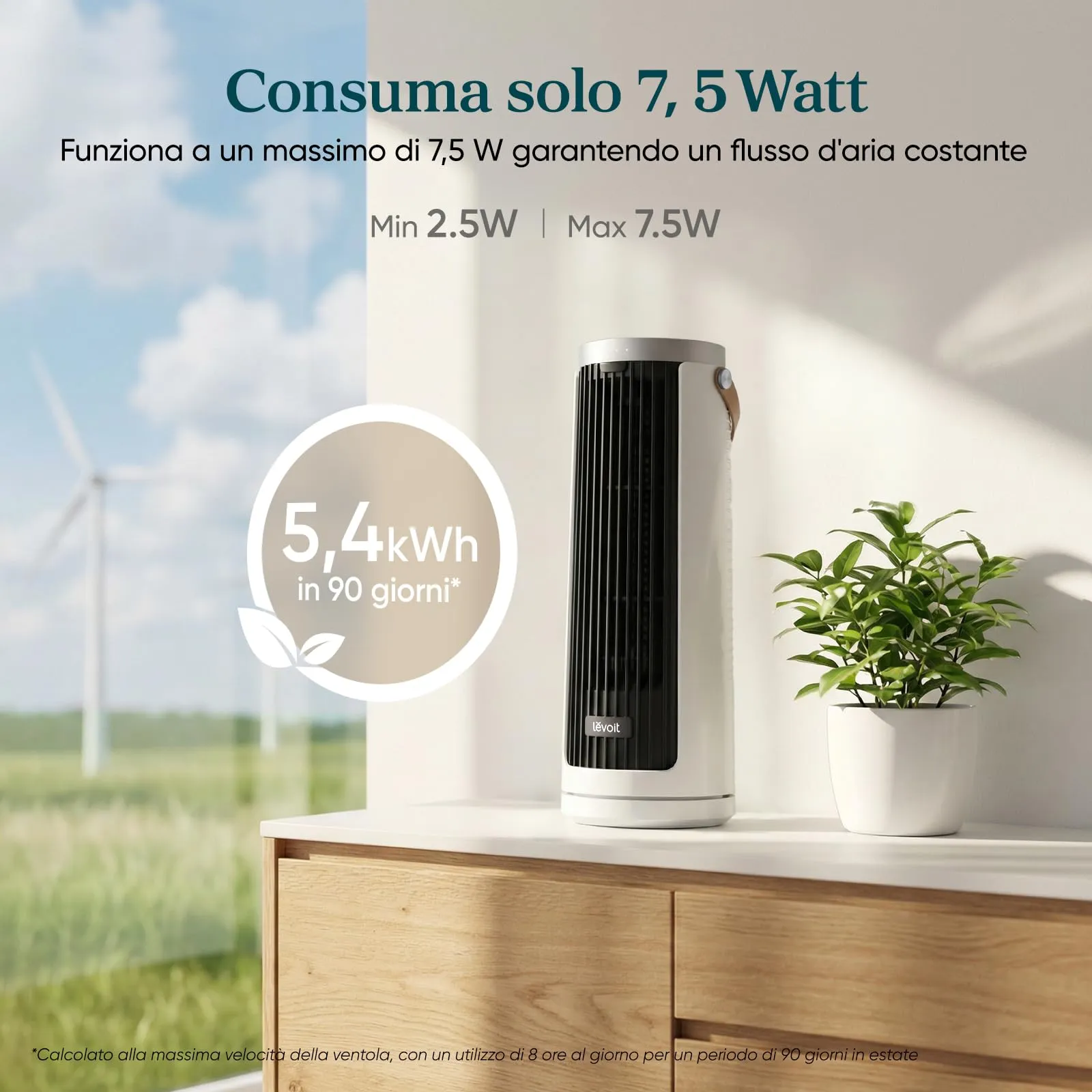 Levoit Windi Mini Ventilatore a Torre Compatto, Silenzioso 20dB, 7m/s, Bianco - immagine 6