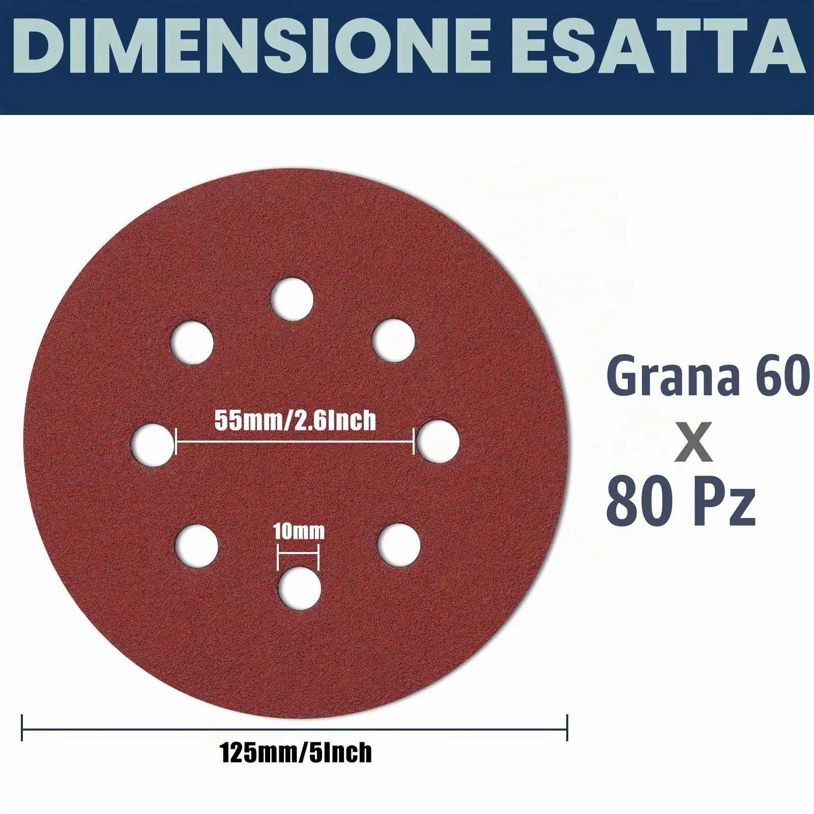 Sinand SZ-125 Dischi di carta vetrata 125 mm a 8 fori, 80 pezzi, grana 60 - immagine 2