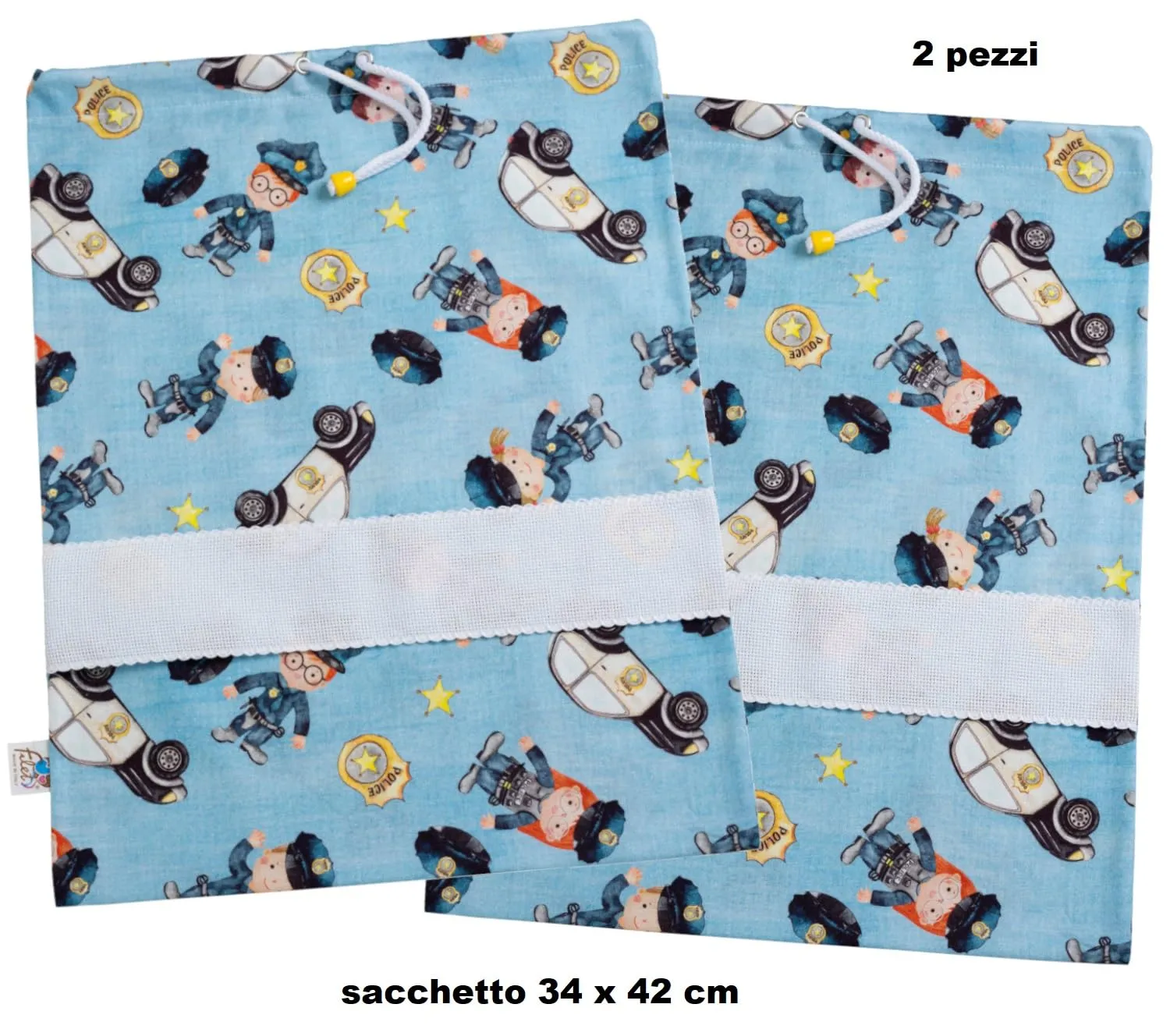 Filet Set 2 Sacchetti Asilo in Cotone con Stampa Polizia e Inserto in Tela Aida, 42 x 34 cm - immagine 2