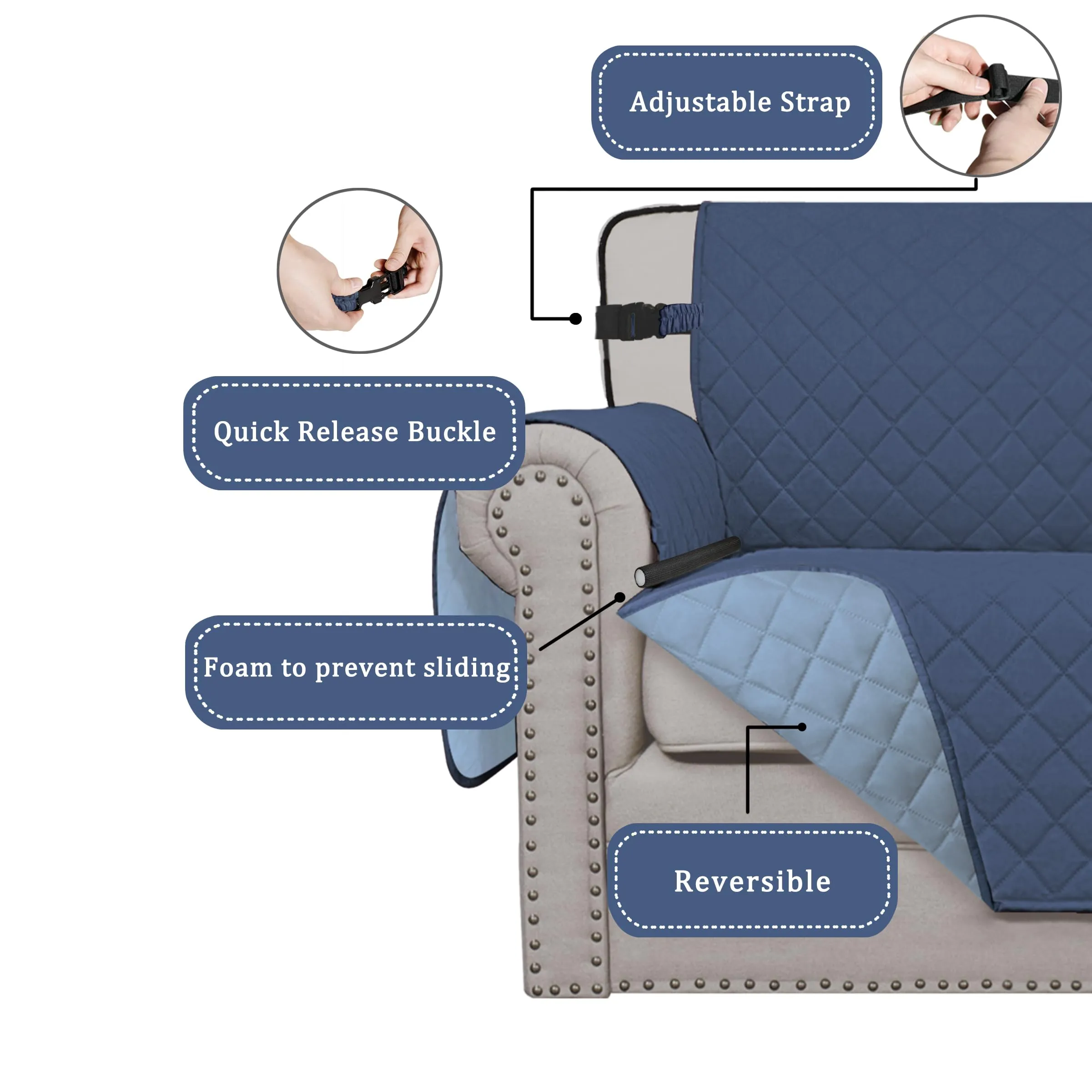 Easy-Going Fodera Reversibile Idrorepellente per Sedia e Divano per Animali Domestici con Cinghie Regolabili, 76 cm, Blu Scuro - immagine 3