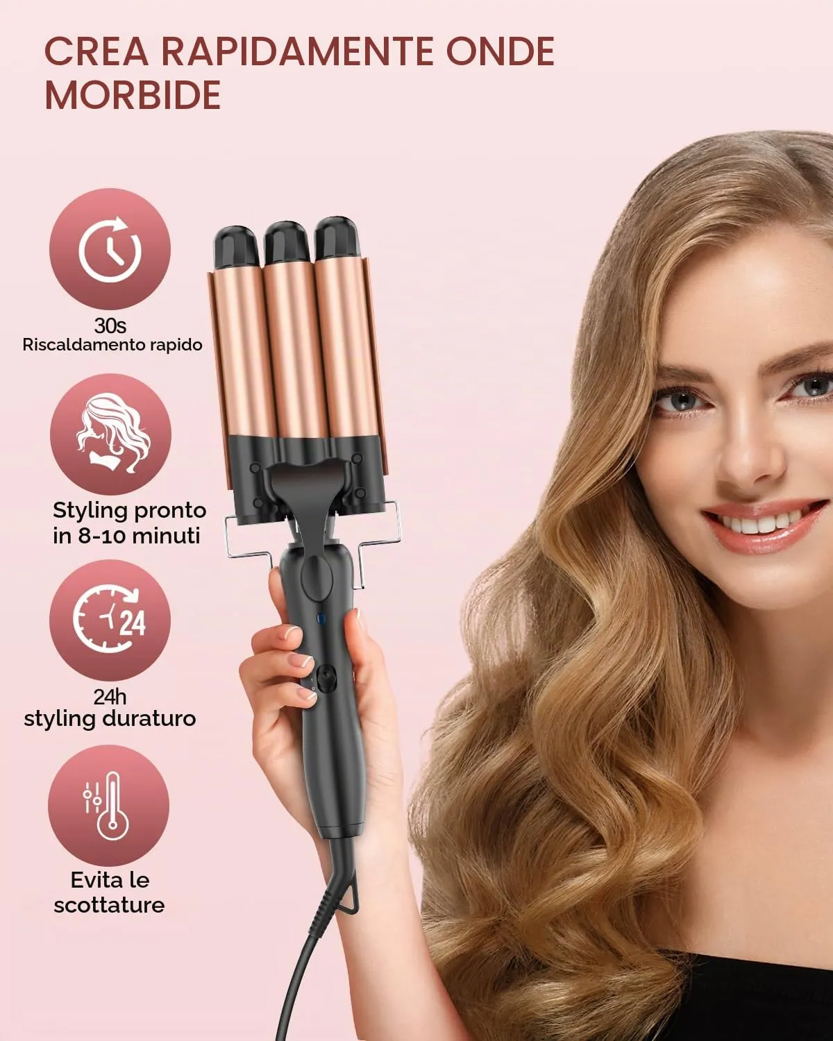 YICAIZI Ferro Arricciacapelli 3 Botti Beach Waves Ceramica Oro Rosa - immagine 3