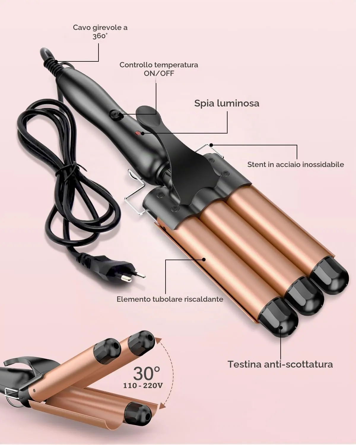 YICAIZI Ferro Arricciacapelli 3 Botti Beach Waves Ceramica Oro Rosa - immagine 4