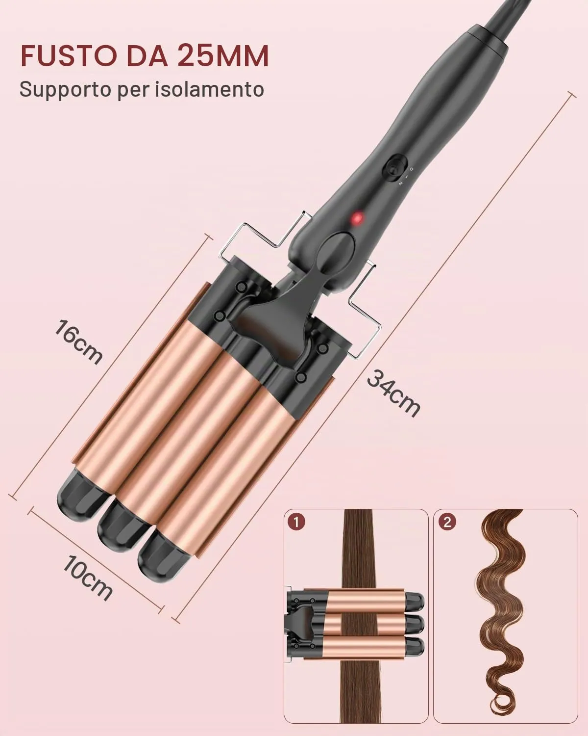 YICAIZI Ferro Arricciacapelli 3 Botti Beach Waves Ceramica Oro Rosa - immagine 5