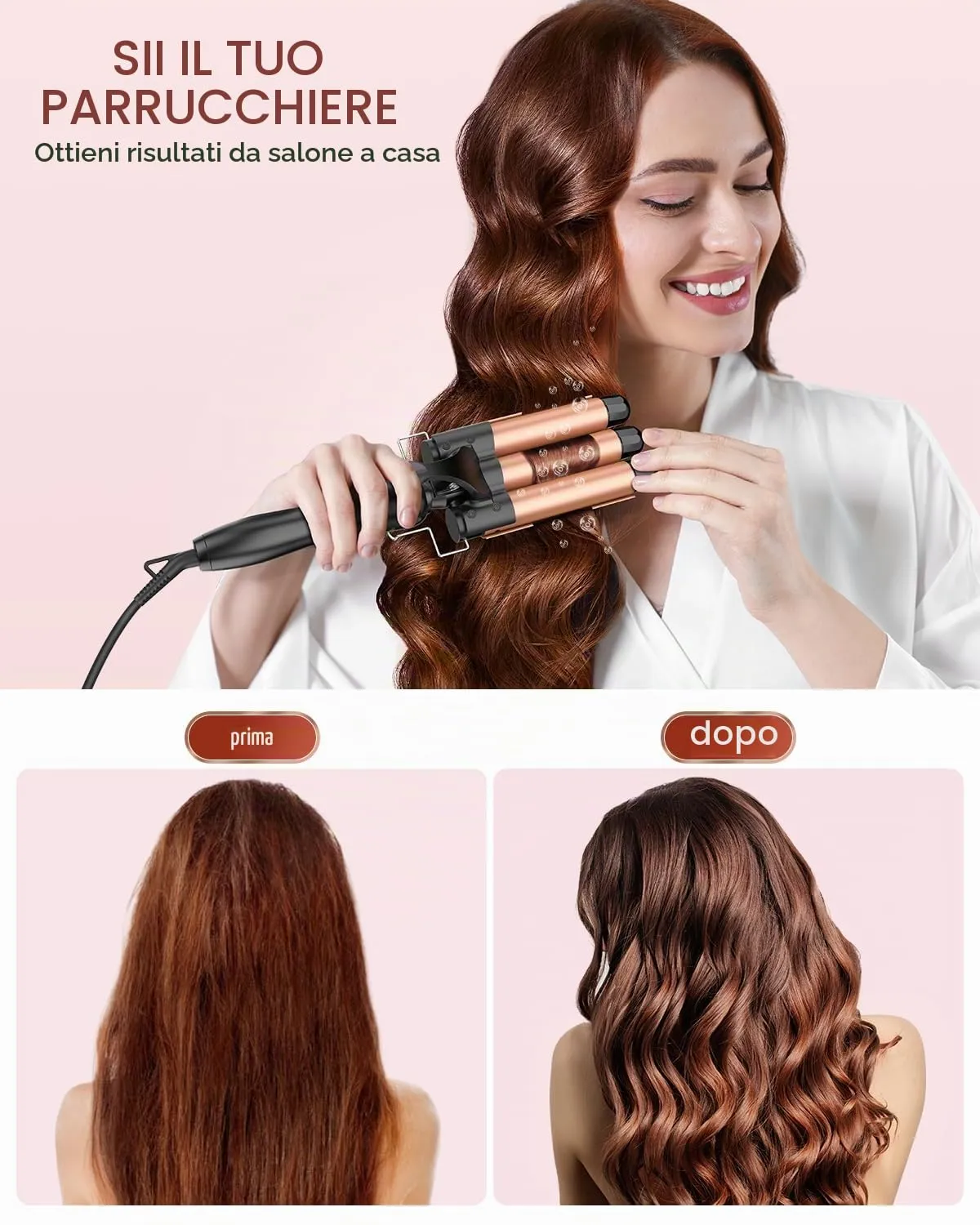 YICAIZI Ferro Arricciacapelli 3 Botti Beach Waves Ceramica Oro Rosa - immagine 6