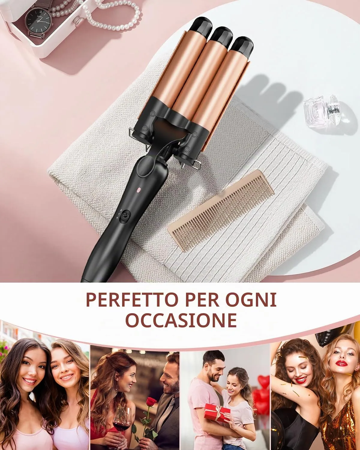YICAIZI Ferro Arricciacapelli 3 Botti Beach Waves Ceramica Oro Rosa - immagine 7