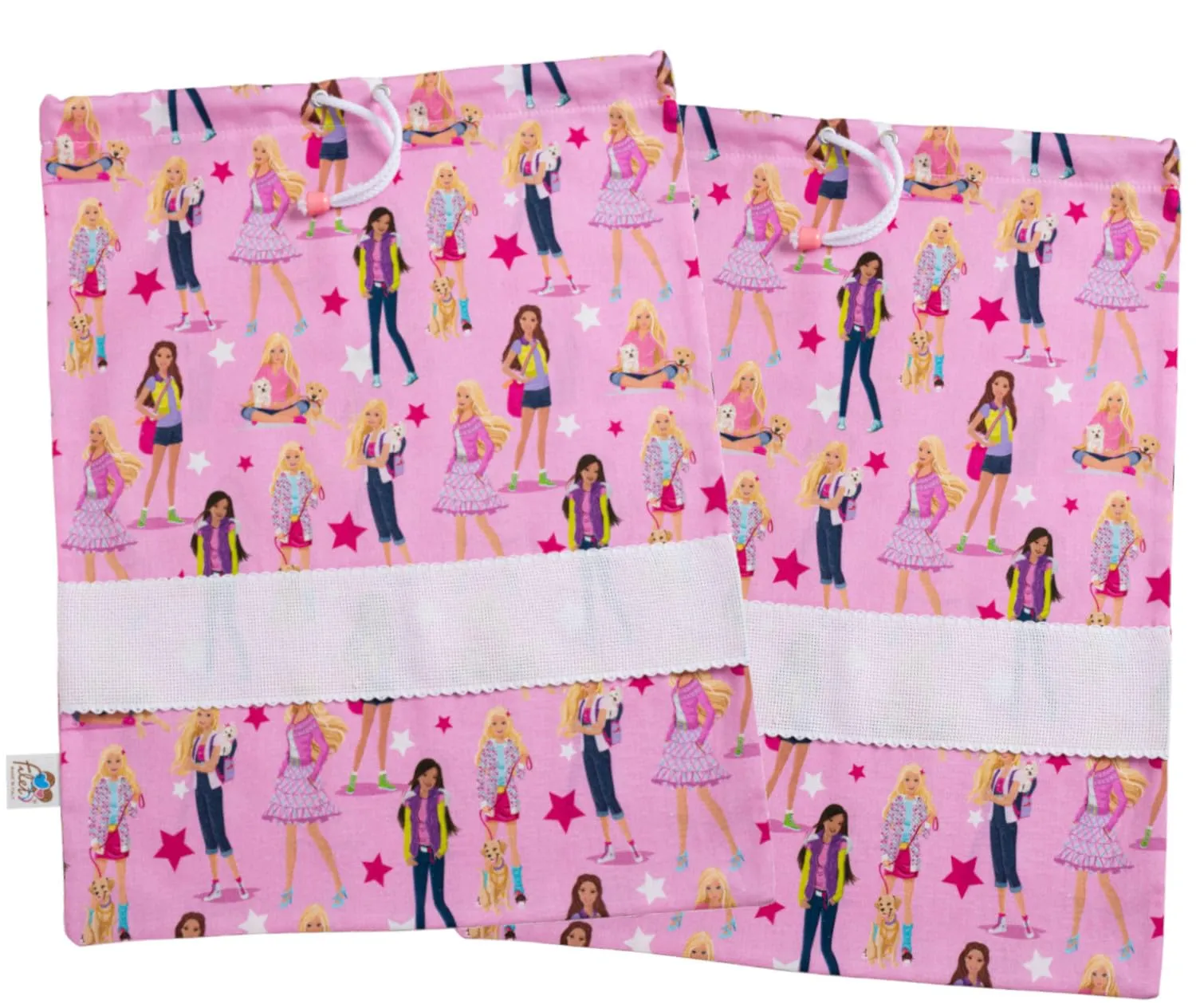 Filet Set 2 Sacchetti Asilo in Cotone Stampato con Tela Aida da Ricamare, 42 x 34 cm, Fantasia Girl Power - immagine 1