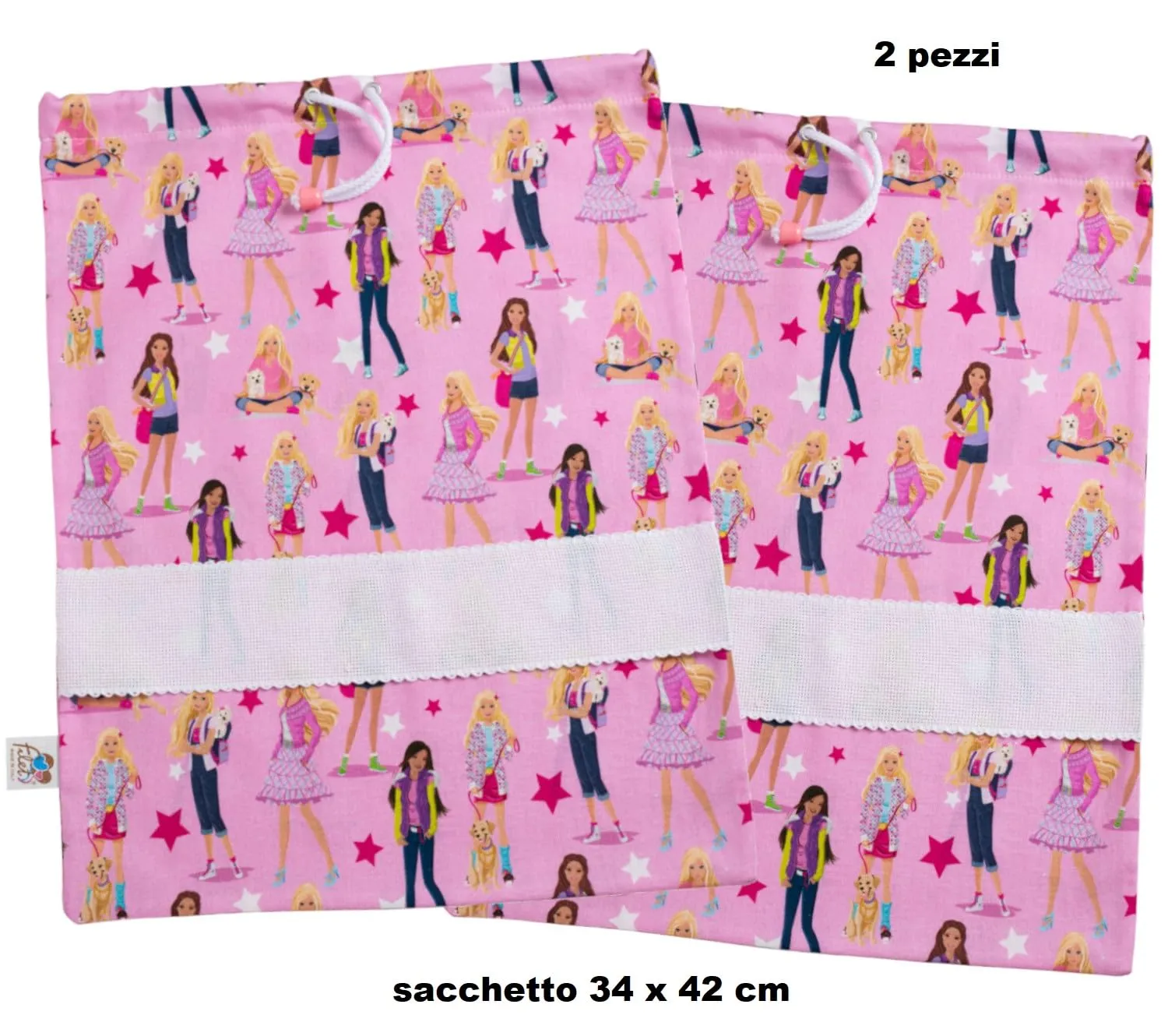 Filet Set 2 Sacchetti Asilo in Cotone Stampato con Tela Aida da Ricamare, 42 x 34 cm, Fantasia Girl Power - immagine 2