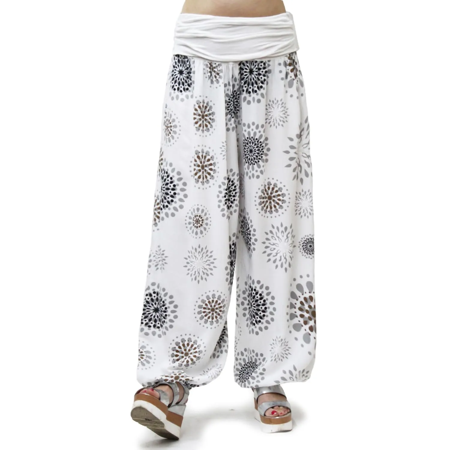 GLAMEXX24 Pantaloni Harem Donna Larga Casual per Yoga, Danza e Pilates con Tasche, Viscosa, Bianco con Motivo a Cerchi - immagine 1