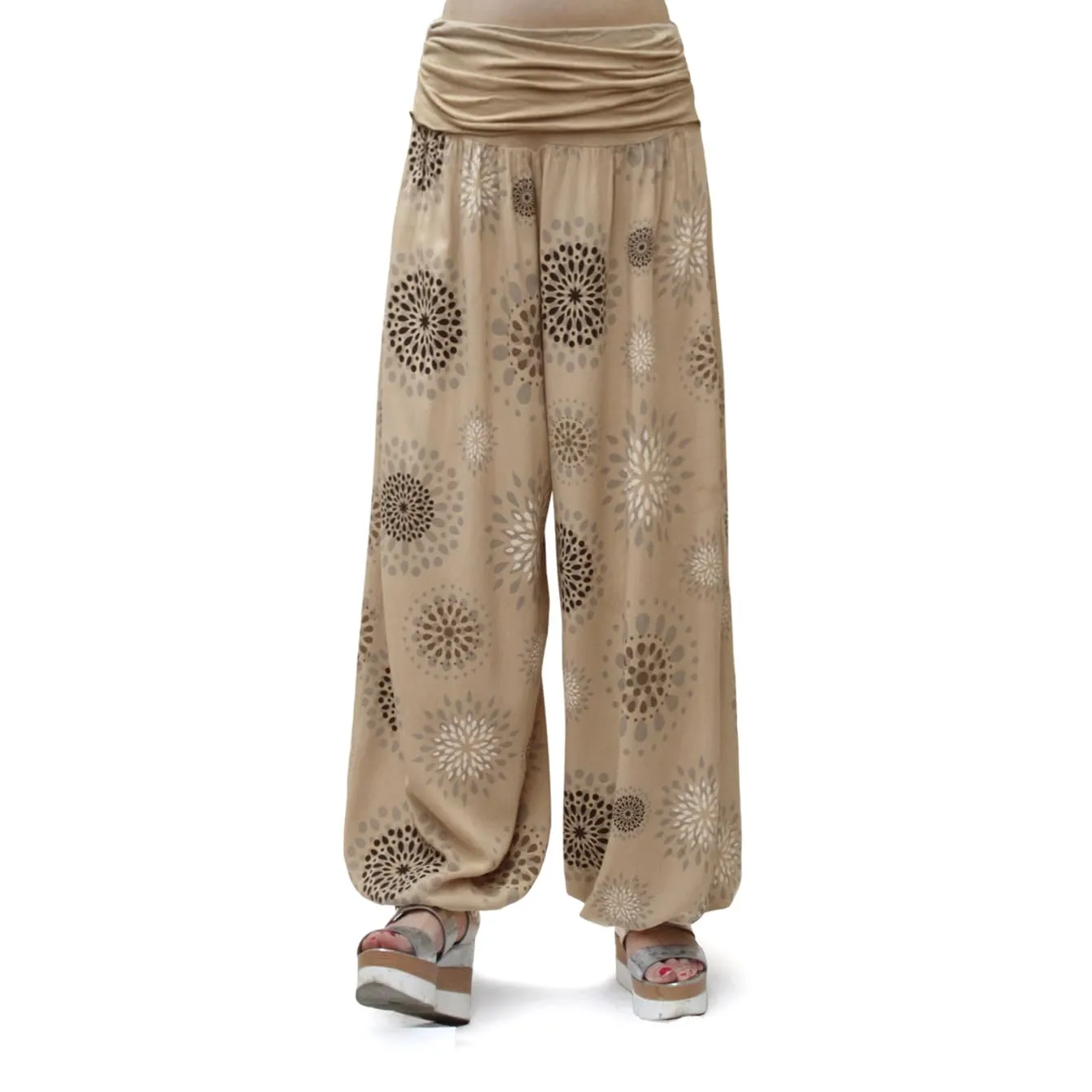 GLAMEXX24 Pantaloni Harem Donna in Viscosa, Taglio Largo con Tasche, Motivo a Cerchio, Camel - immagine 1