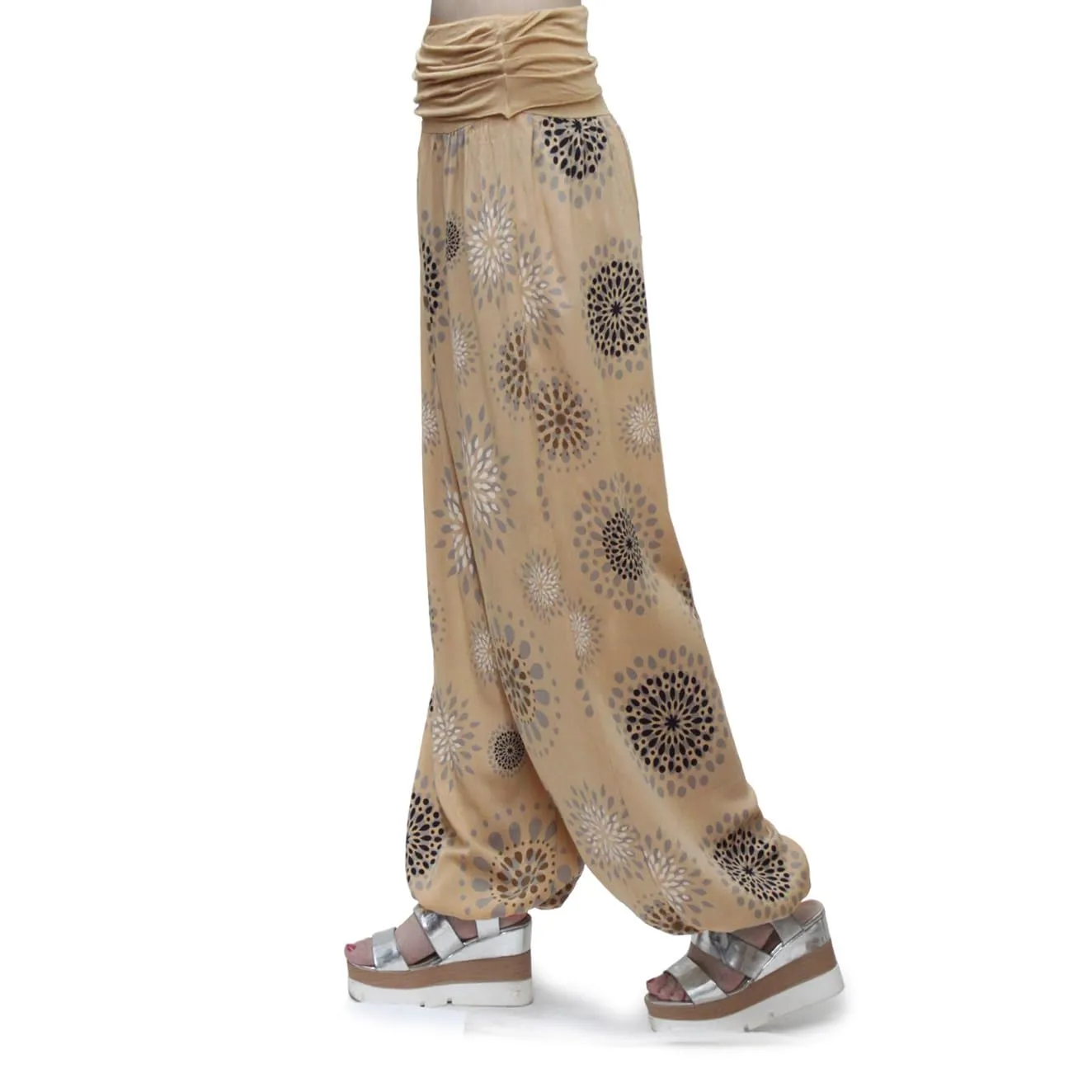 GLAMEXX24 Pantaloni Harem Donna in Viscosa, Taglio Largo con Tasche, Motivo a Cerchio, Camel - immagine 4
