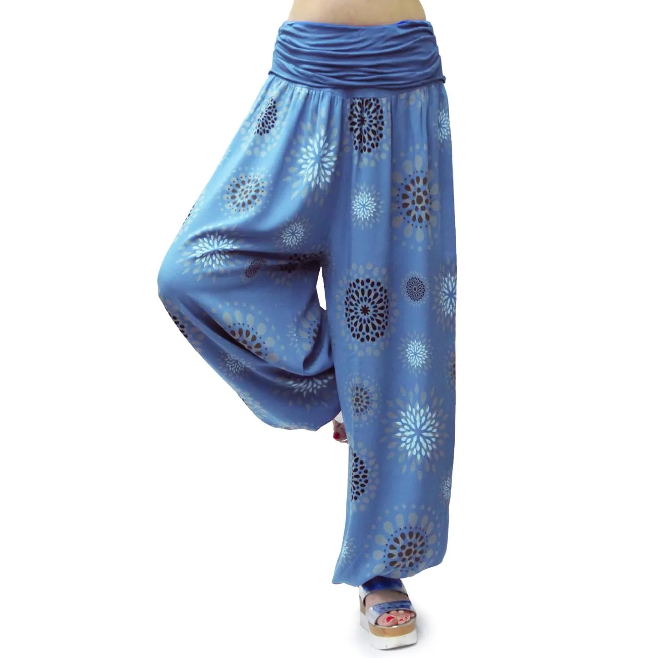 GLAMEXX24 Pantaloni Harem Donna, Larga Casual per Yoga con Tasche, Estivi Leggeri per Jogging, Danza, Pilates - Blu Jeans Con Motivo A Cerchi - immagine 4