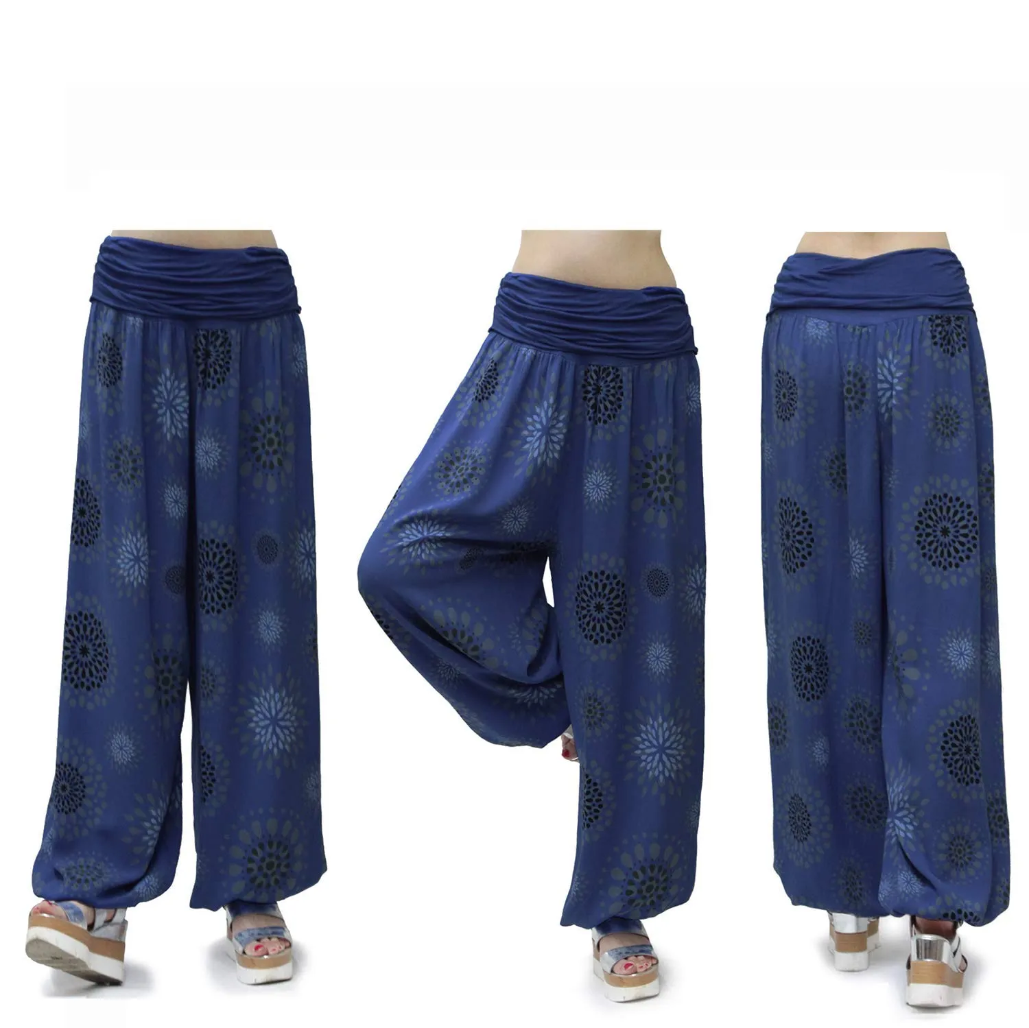 GLAMEXX24 Pantaloni Harem Donna Larga Casual Yoga con Tasche, Viscosa, Blu Navy con Motivo a Cerchi - immagine 7