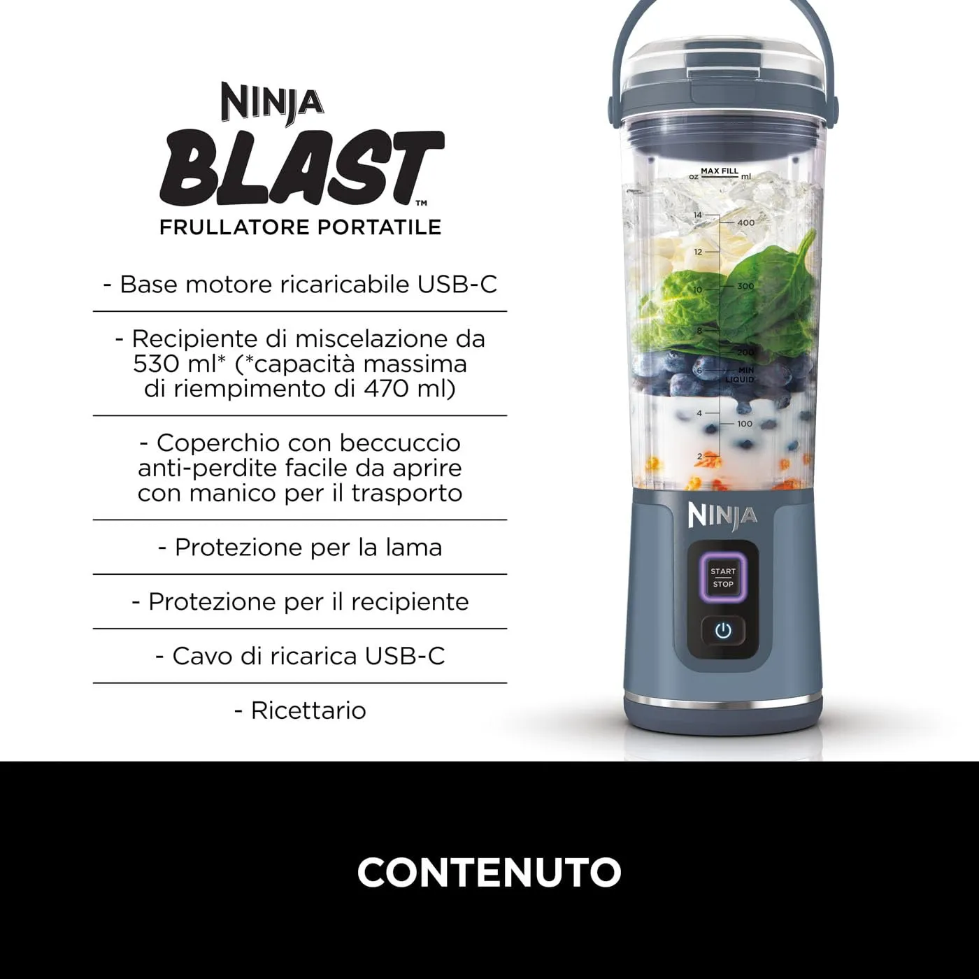 Ninja Blast Frullatore Portatile, 530 ml, Ricaricabile, Blu Denim - immagine 2