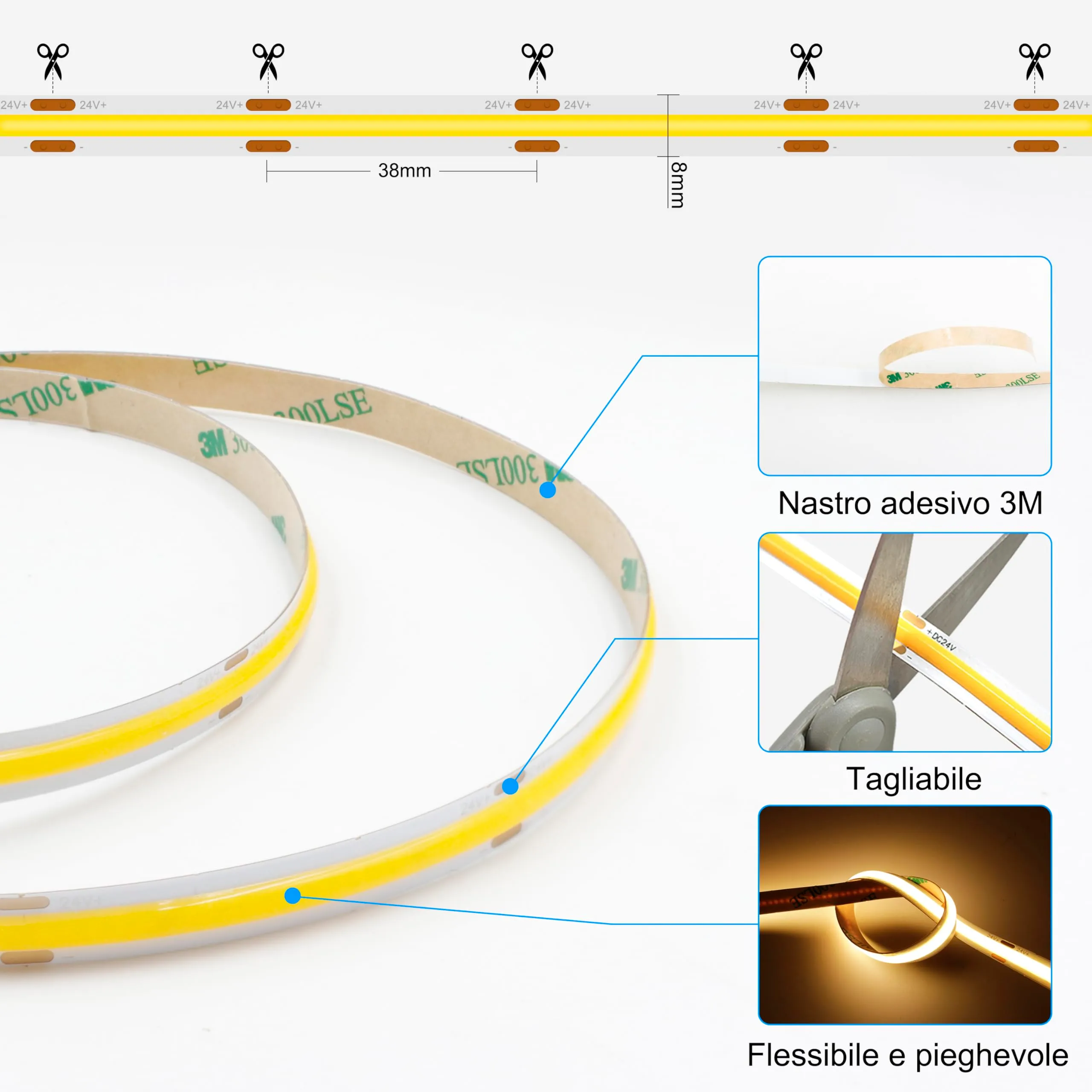 AXMOTUT Striscia LED COB 10m 24V, Bianco Naturale 4000K, 320LEDs/m, 8mm, CRI90+, con Alimentatore e Dimmer - immagine 5
