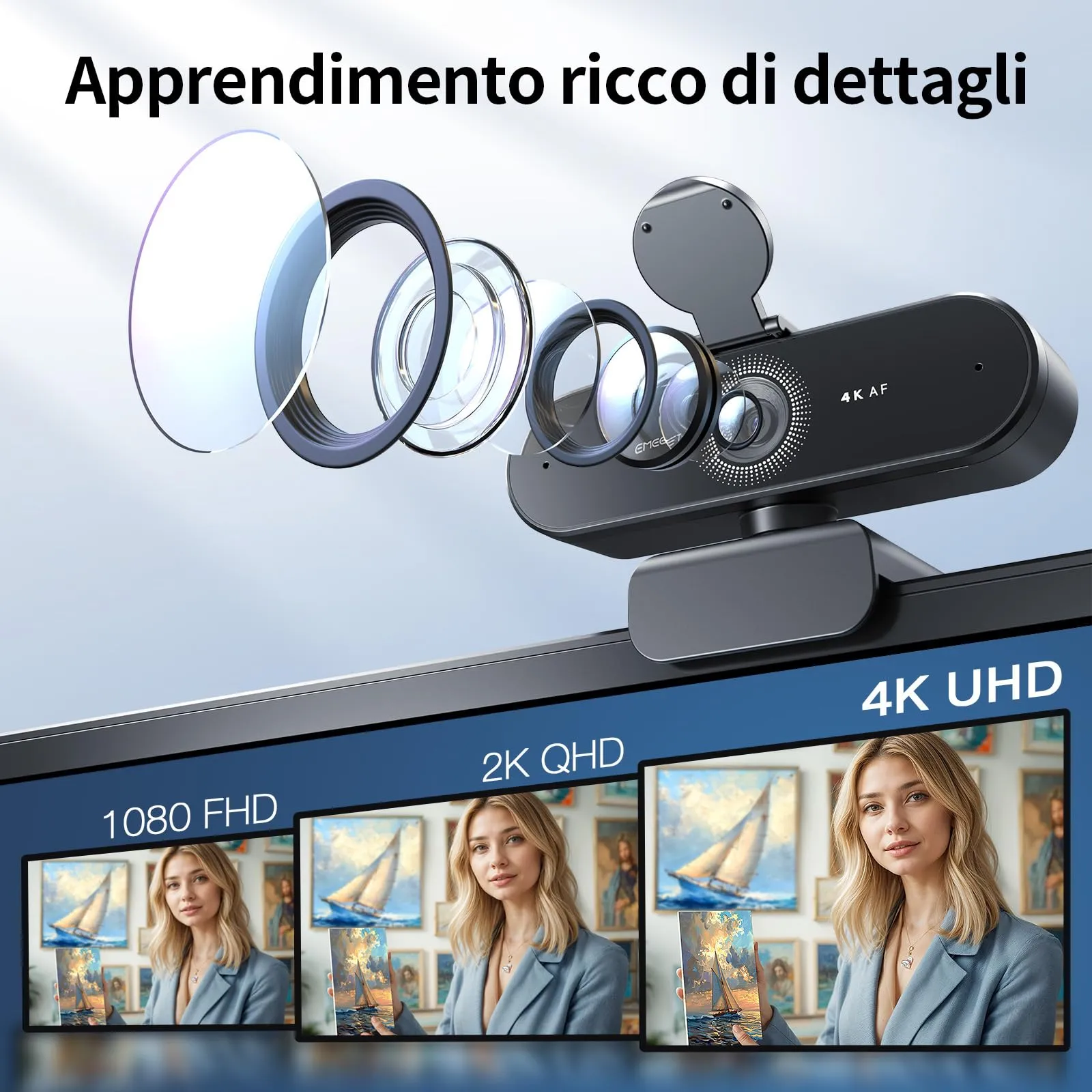 EMEET NOVA 4K Webcam, Ultra HD with PDAF Autofokus, Dual Noise-Canceling Microphones, 73° Field of View and Privacy Cover - immagine 2