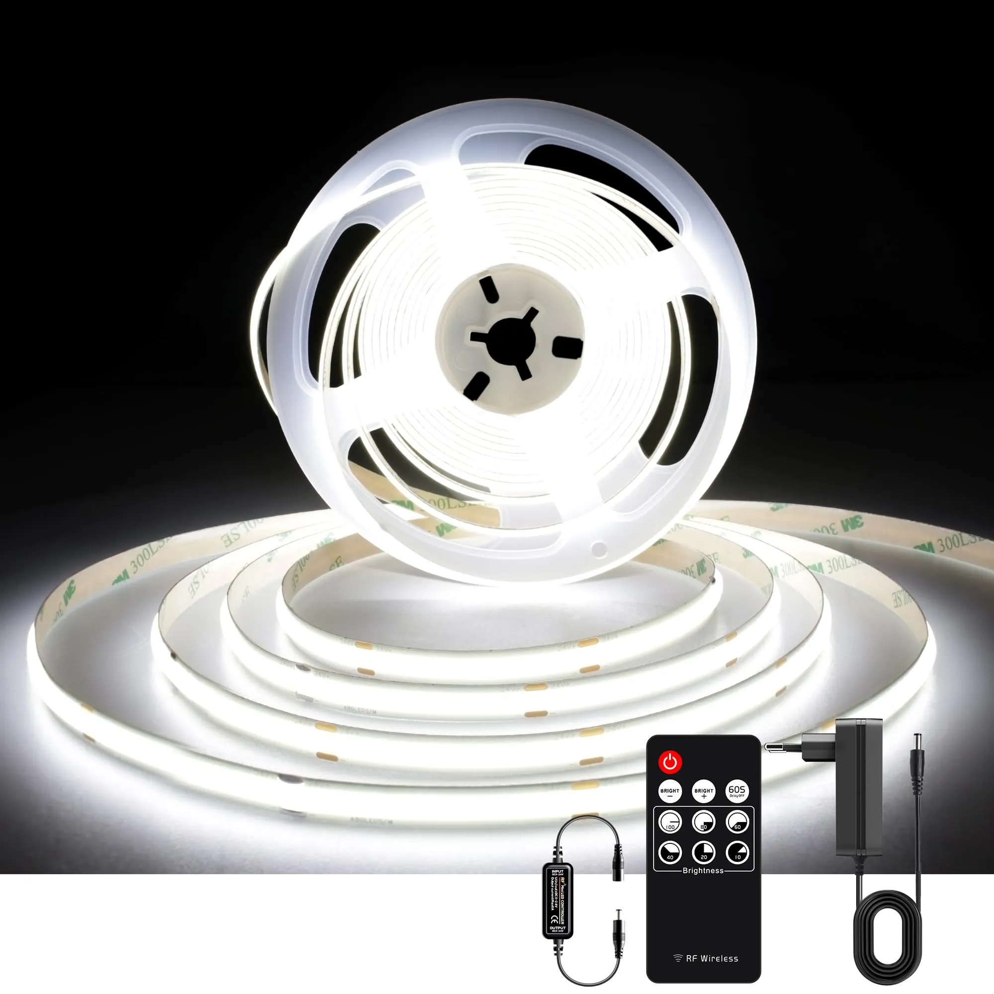 AXMOTUT Striscia LED COB 2m 24V Bianco Freddo 6000K 320LEDs/m 8mm CRI90+ con Alimentatore e Telecomando RF - immagine 1