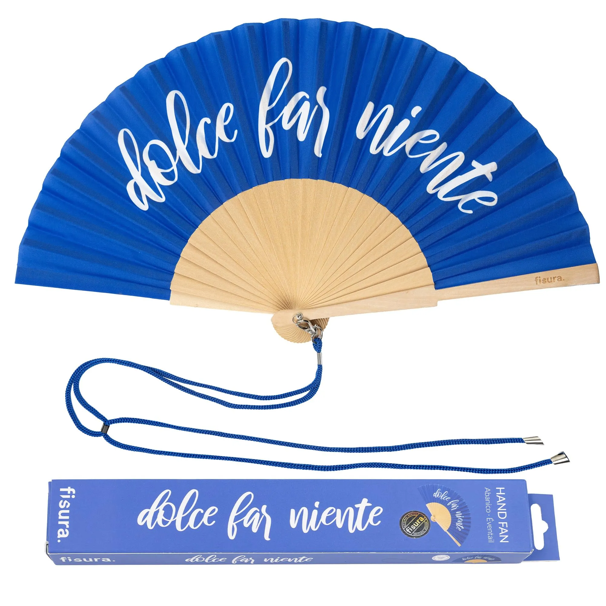 Fisura Ventaglio in Legno e Tessuto con Messaggio, Far Niente, Blu, 42,5 x 23 cm - immagine 1
