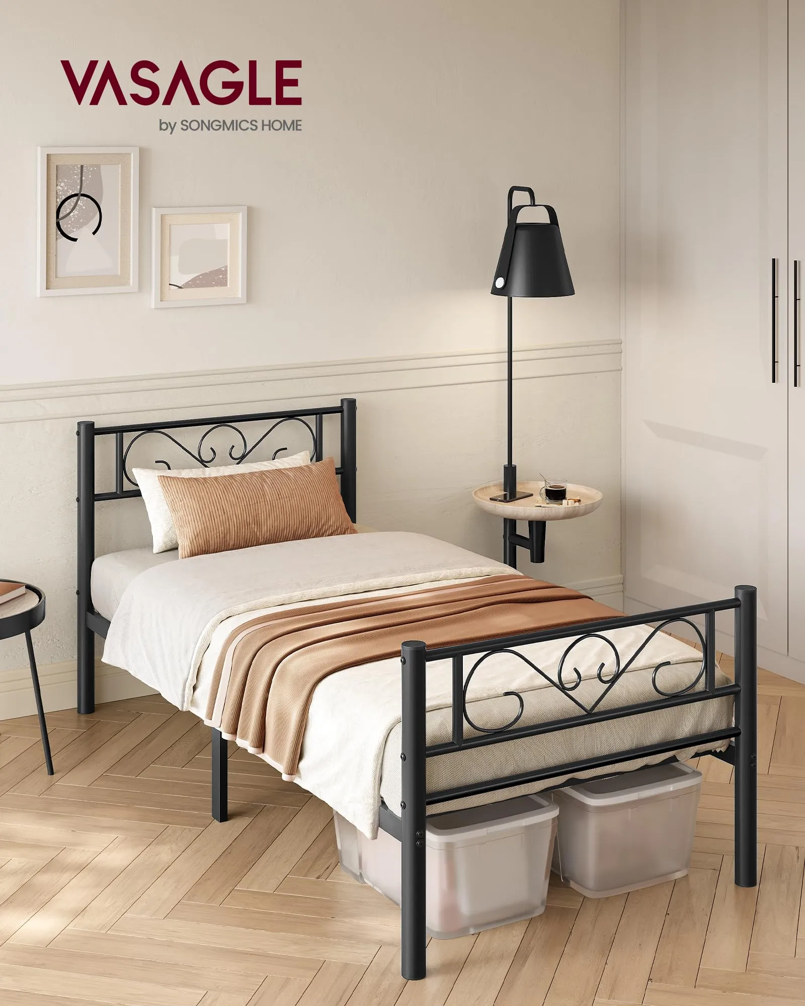 VASAGLE Struttura Letto Singolo in Metallo, 90 x 200 cm, Nero Inchiostro RMB062B01 - immagine 2