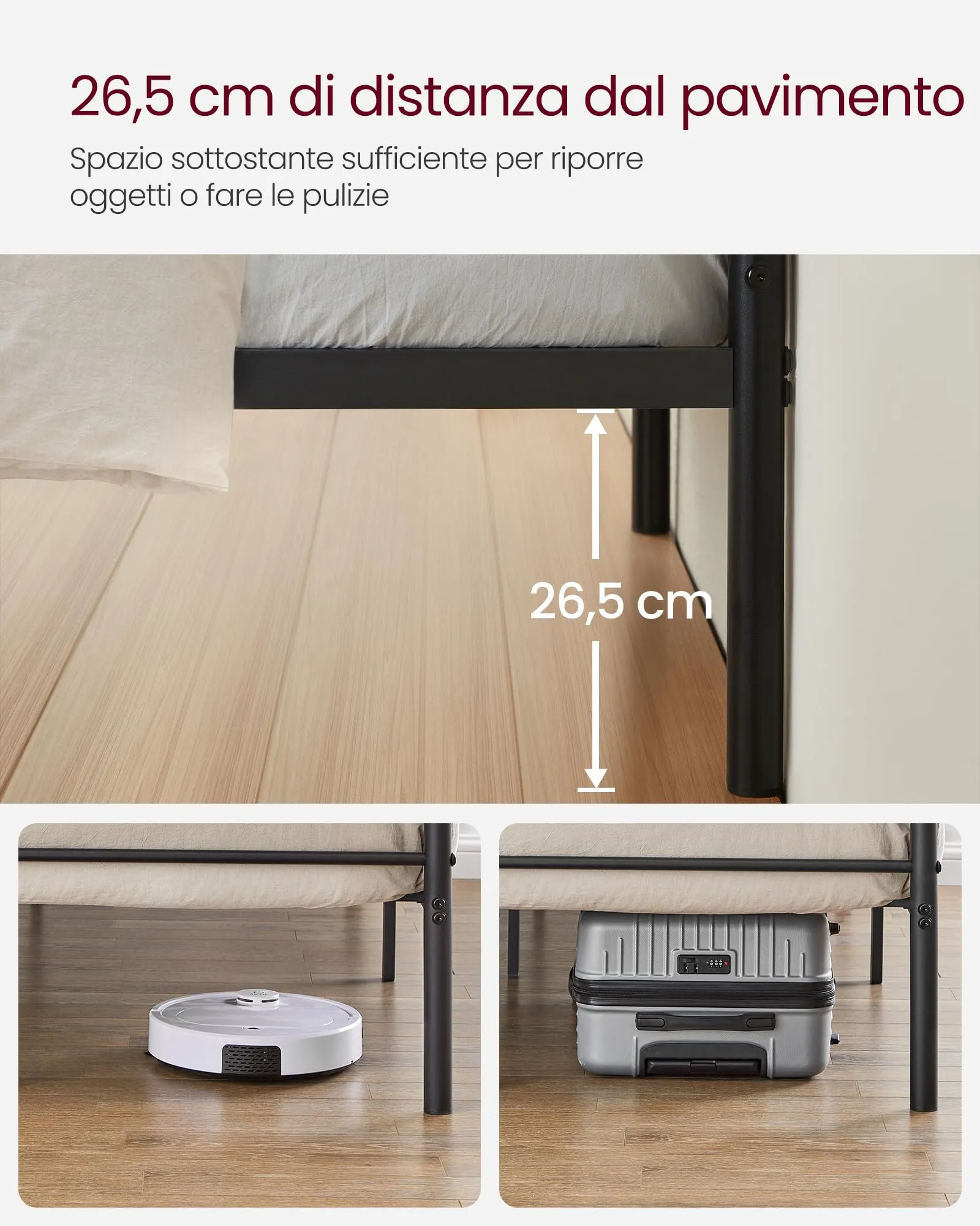 VASAGLE Struttura Letto Singolo in Metallo, 90 x 200 cm, Nero Inchiostro RMB062B01 - immagine 4