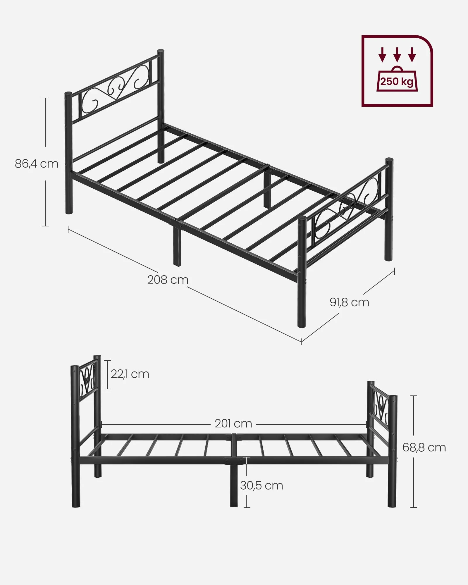 VASAGLE Struttura Letto Singolo in Metallo, 90 x 200 cm, Nero Inchiostro RMB062B01 - immagine 5