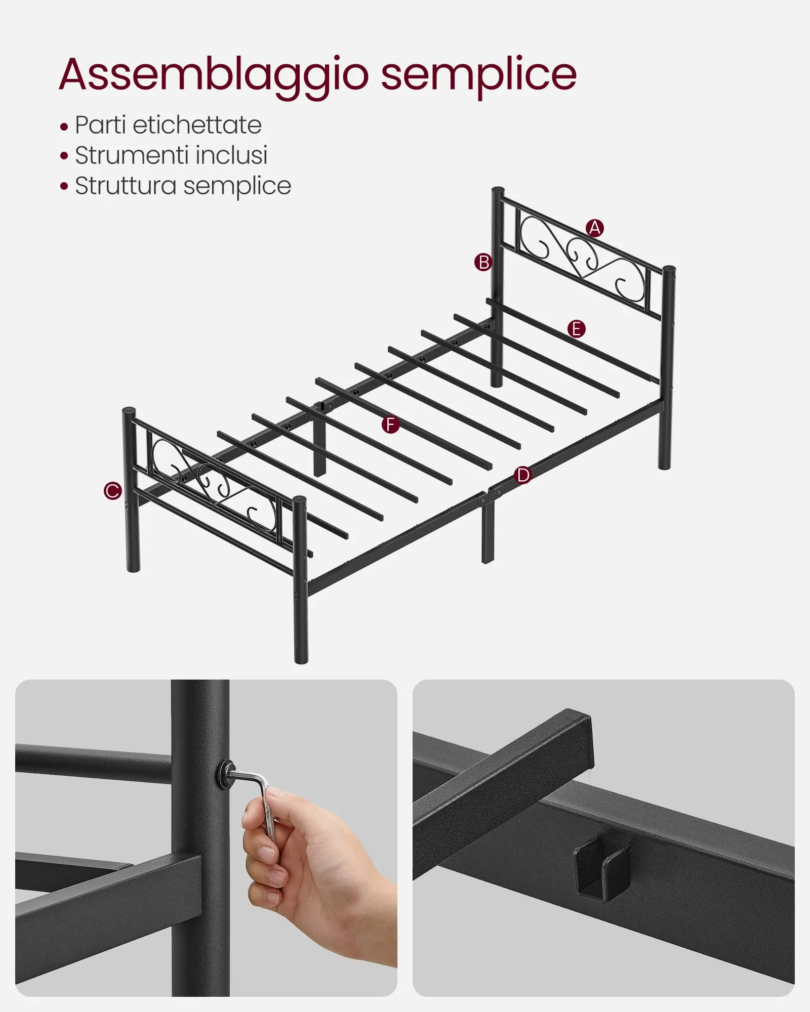 VASAGLE Struttura Letto Singolo in Metallo, 90 x 200 cm, Nero Inchiostro RMB062B01 - immagine 8