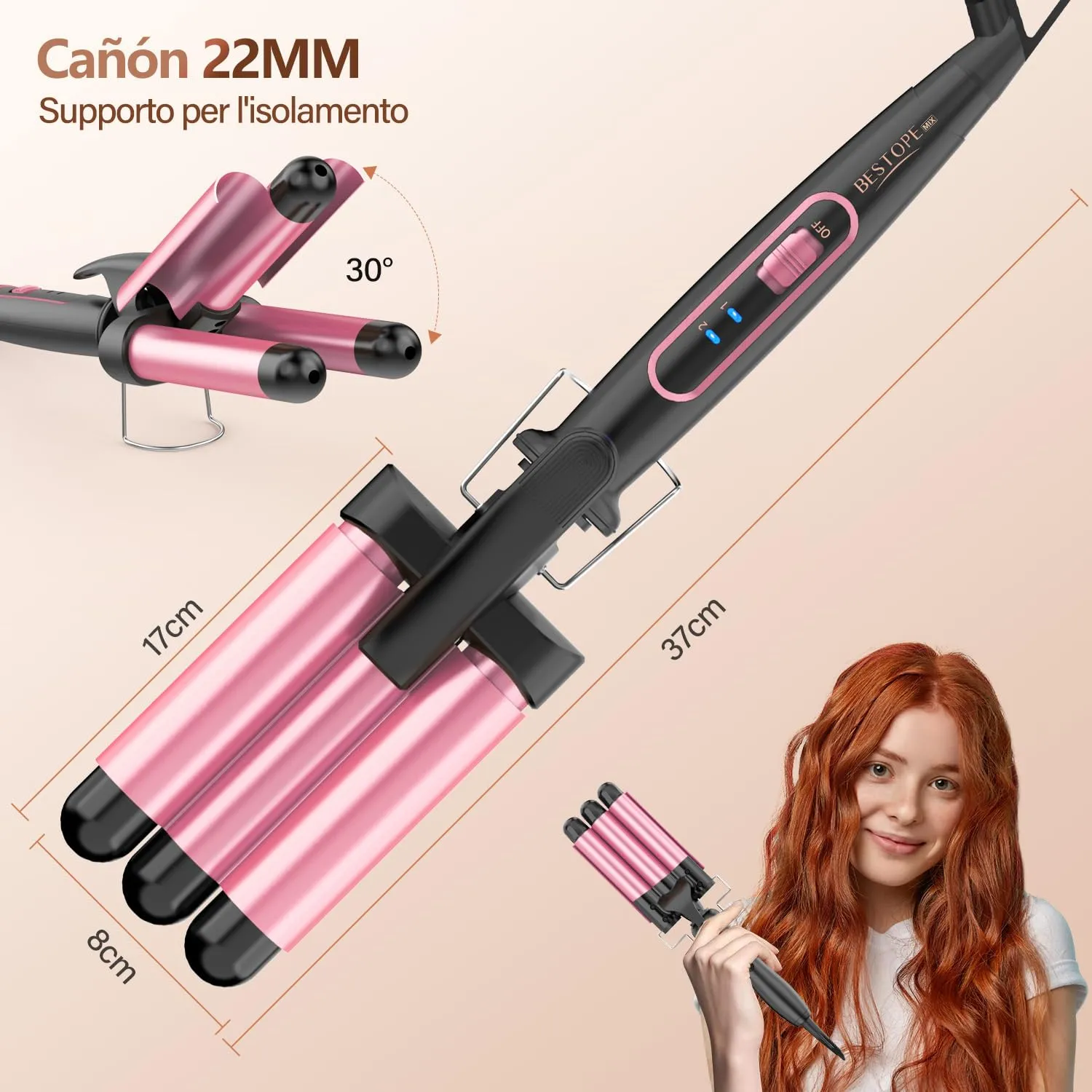 BESTOPE MIX Piastra Onde per Capelli 22mm, 150°C/210°C, Ceramica Tormalina - immagine 7