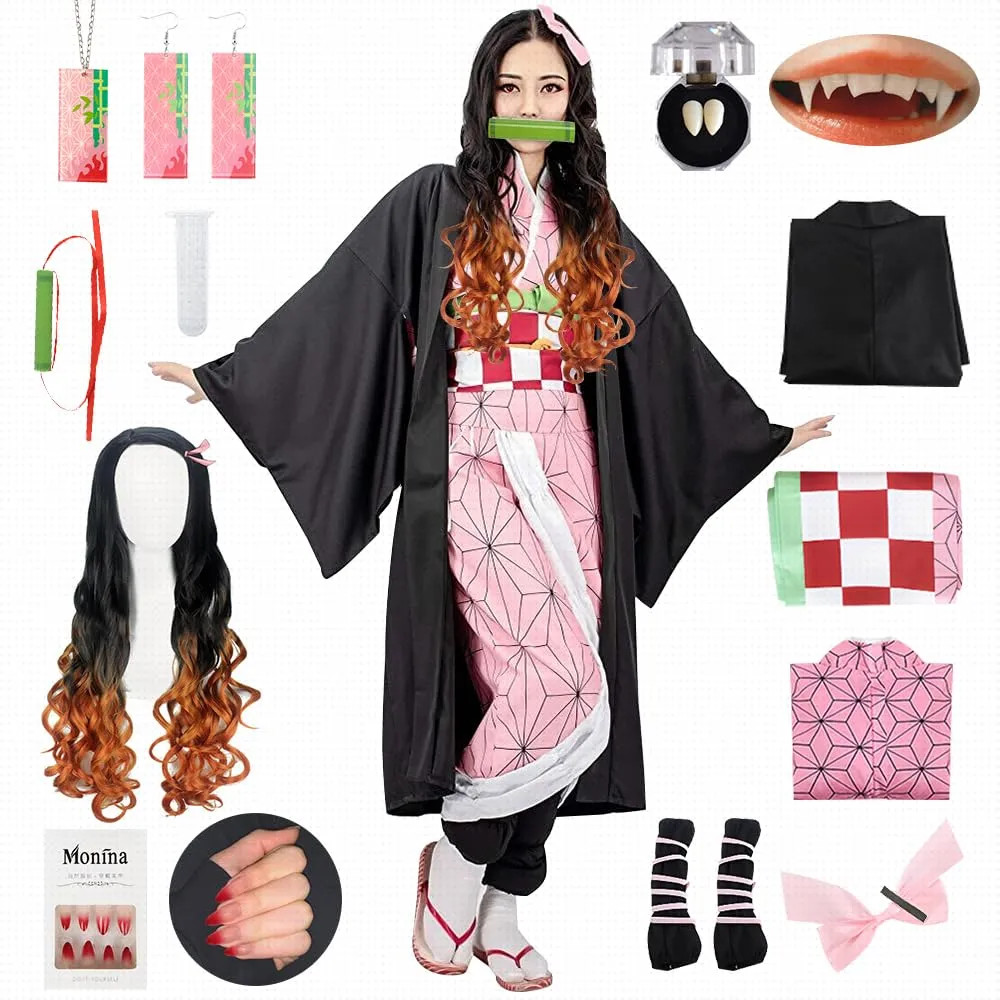 YYDSXK Nezuko Cosplay Costume Set with Kimono, Cloak and Accessories - immagine 1