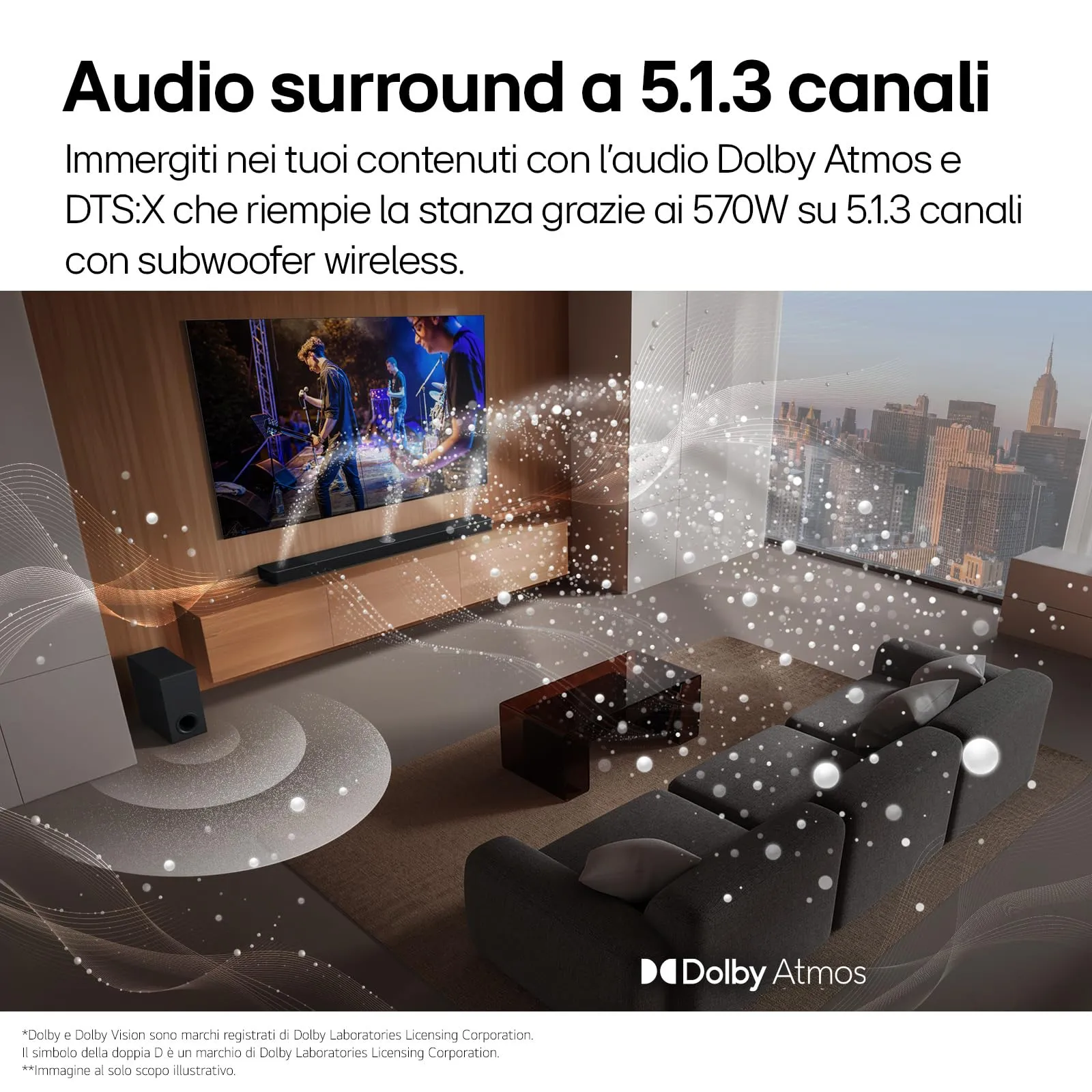 LG S90TY Soundbar 5.1.3 Canali con Subwoofer Wireless, 570W, Dolby Atmos, DTS:X, AI Room Calibration Pro - immagine 4
