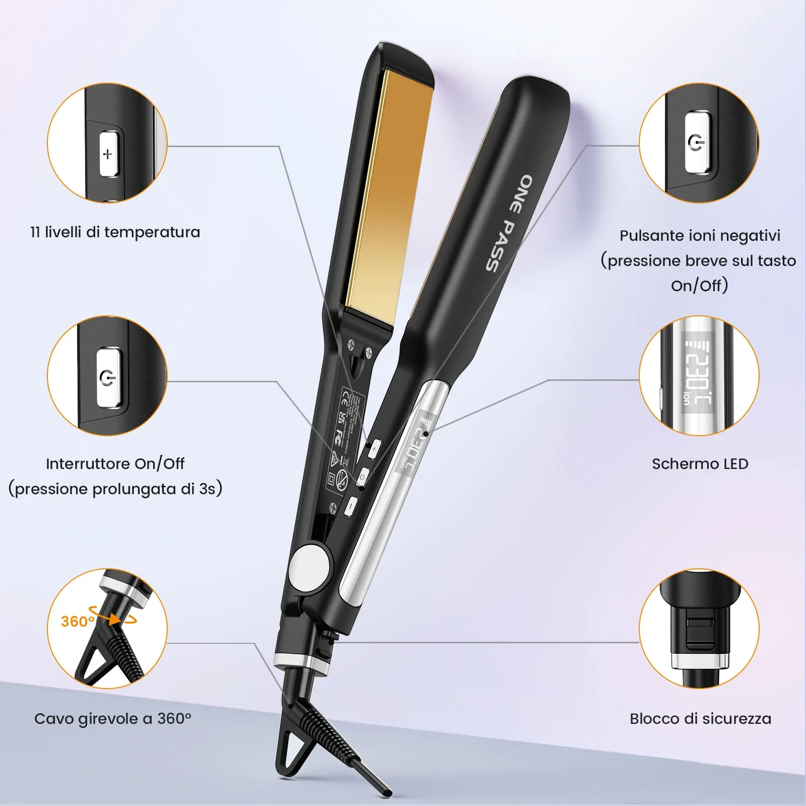 Faszin Piastra per Capelli Professionale in Titanio 42mm, Nero - immagine 6