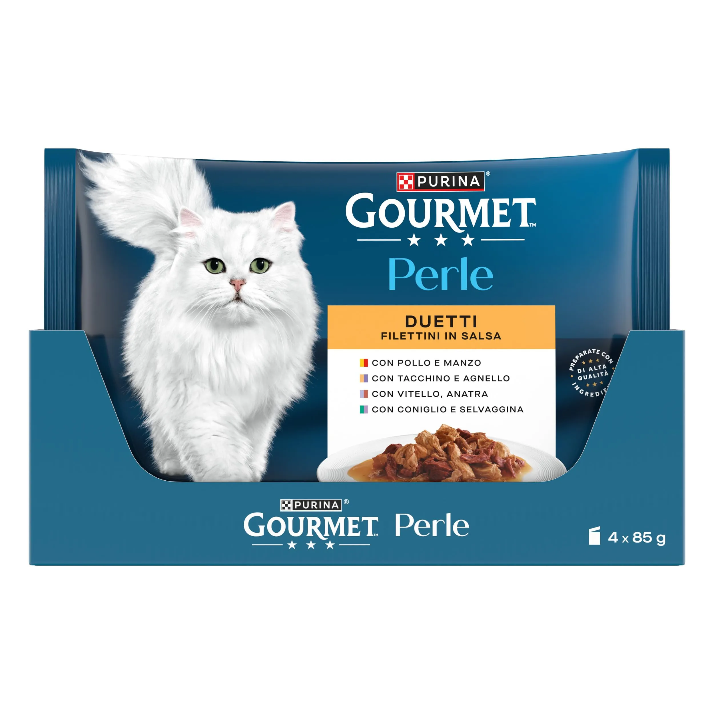 Gourmet Perle Duetti Cibo Umido per Gatti Adulti, Filettini con Manzo e Pollo, Tacchino e Agnello, Vitello e Anatra, Coniglio e Selvaggina, 48 Buste da 85g - immagine 4