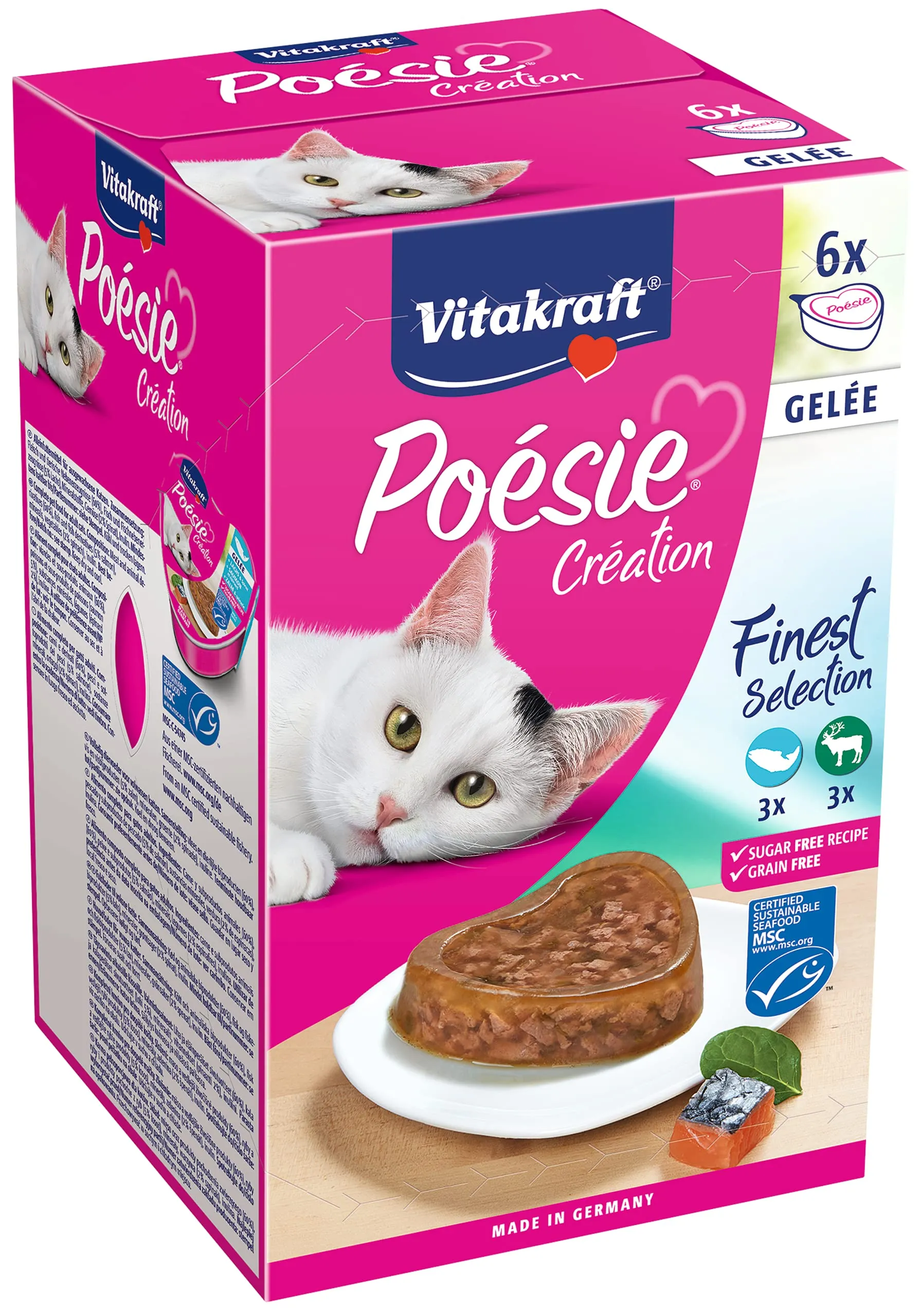 Vitakraft Poésie Création, Alimento Umido per Gatti in Gelatina con Salmone e Spinaci, Selvaggina e Mirtilli Rossi, senza Zuccheri e Cereali, 6x85g - immagine 1