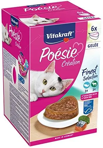 Vitakraft Poésie Création, Alimento Umido per Gatti in Gelatina con Salmone e Spinaci, Selvaggina e Mirtilli Rossi, senza Zuccheri e Cereali, 6x85g - immagine 2