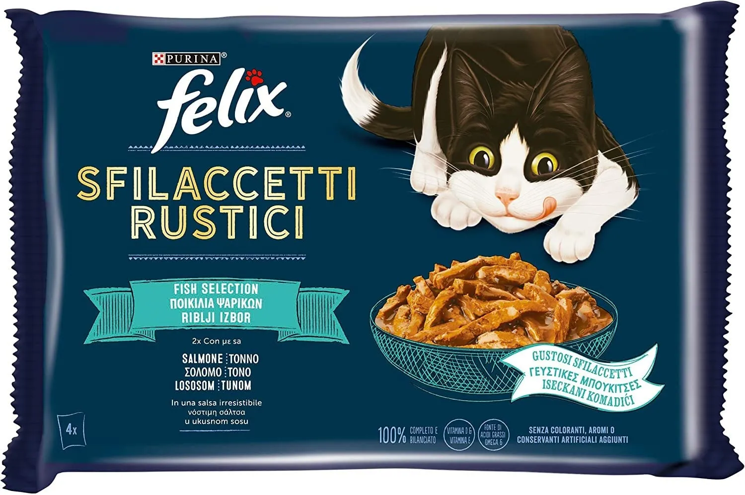 Felix Sfilaccetti Rustici Fish Selection Umido Gatto Tonno e Salmone, 48 Buste da 80 g - immagine 2