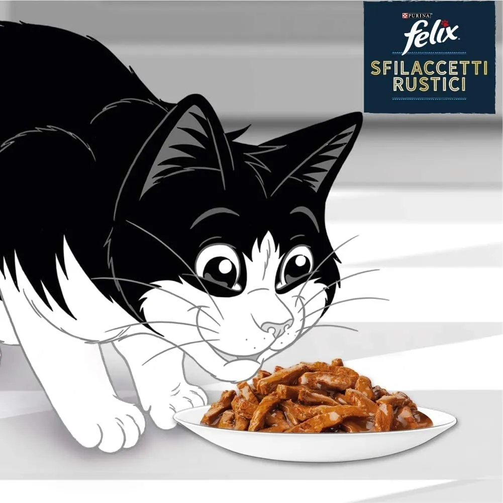 Felix Sfilaccetti Rustici Fish Selection Umido Gatto Tonno e Salmone, 48 Buste da 80 g - immagine 5