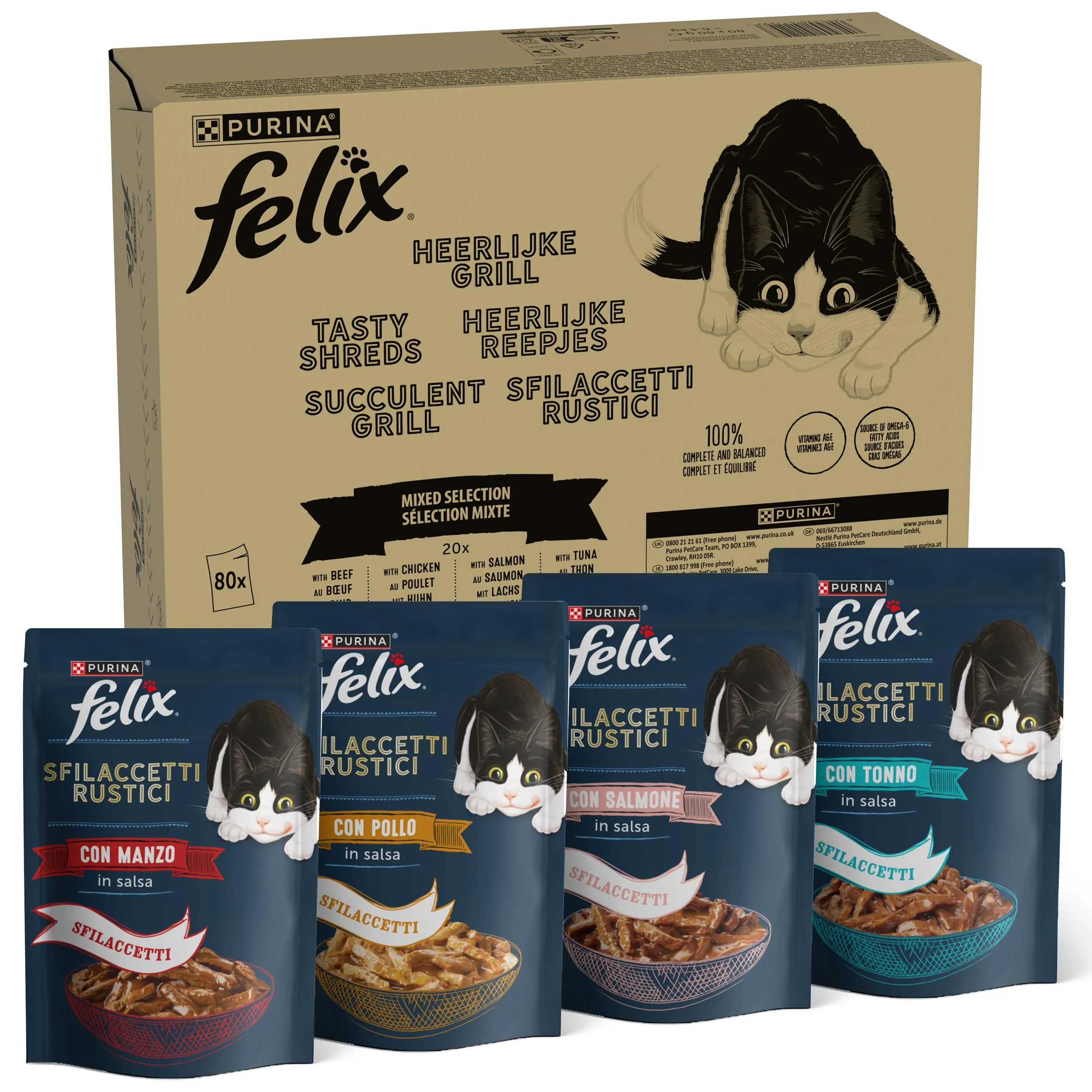 Purina Felix Sfilaccetti Rustici Cibo Umido per Gatti Manzo, Pollo, Salmone, Tonno, 80 buste da 80g - immagine 1