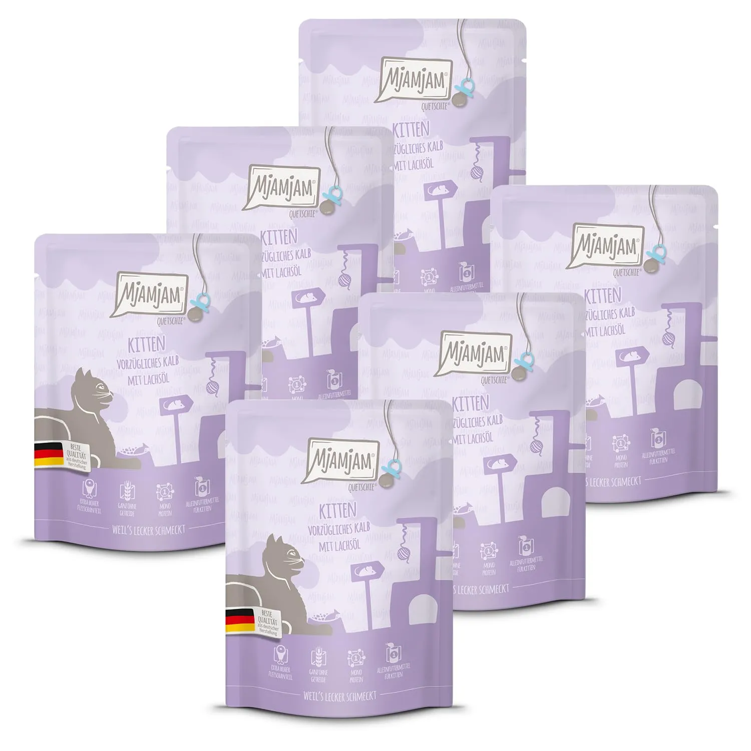MjAMjAM Quetschie Pasto per Gattini Vitello e Olio di Salmone, Senza Cereali, 6 x 300 g - immagine 1