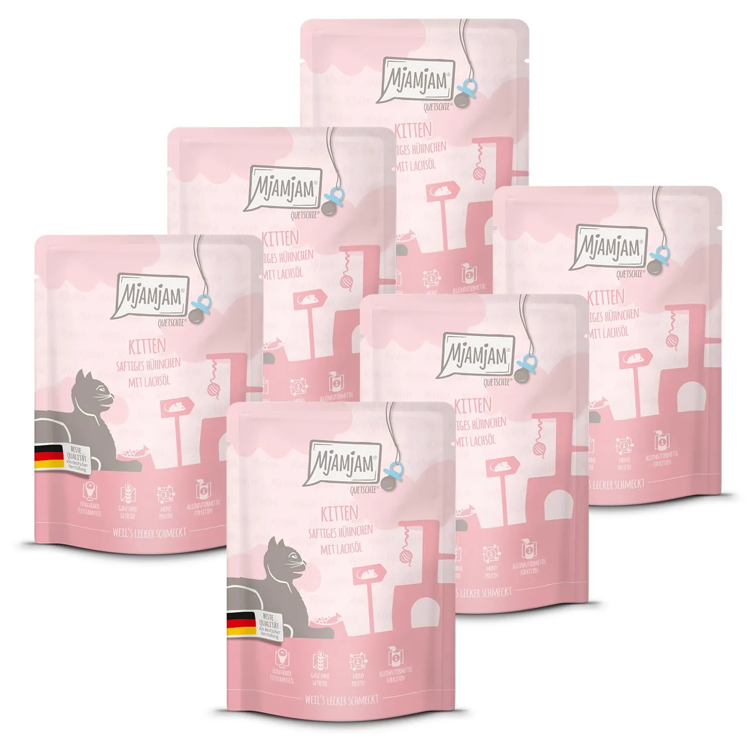 MjAMjAM Quetschie Cibo Umido per Gattini Pollo e Olio di Salmone, Senza Cereali, 6 x 300 g - immagine 1