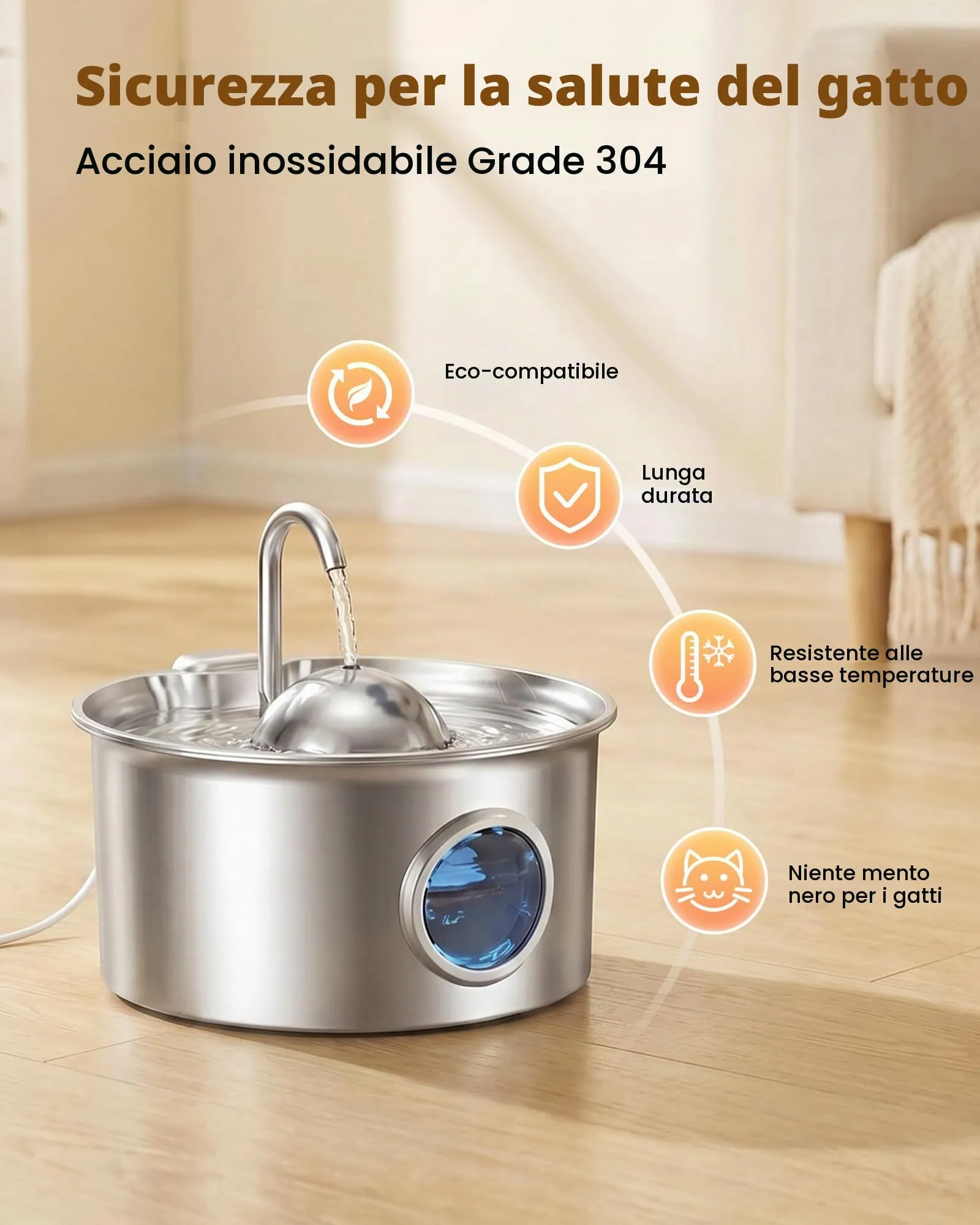 Dctrod Fontana per Gatti in Acciaio Inossidabile, 2.6L, Distributore d'Acqua Automatico con Filtraggio Quadruplo e Pompa Silenziosa - immagine 2