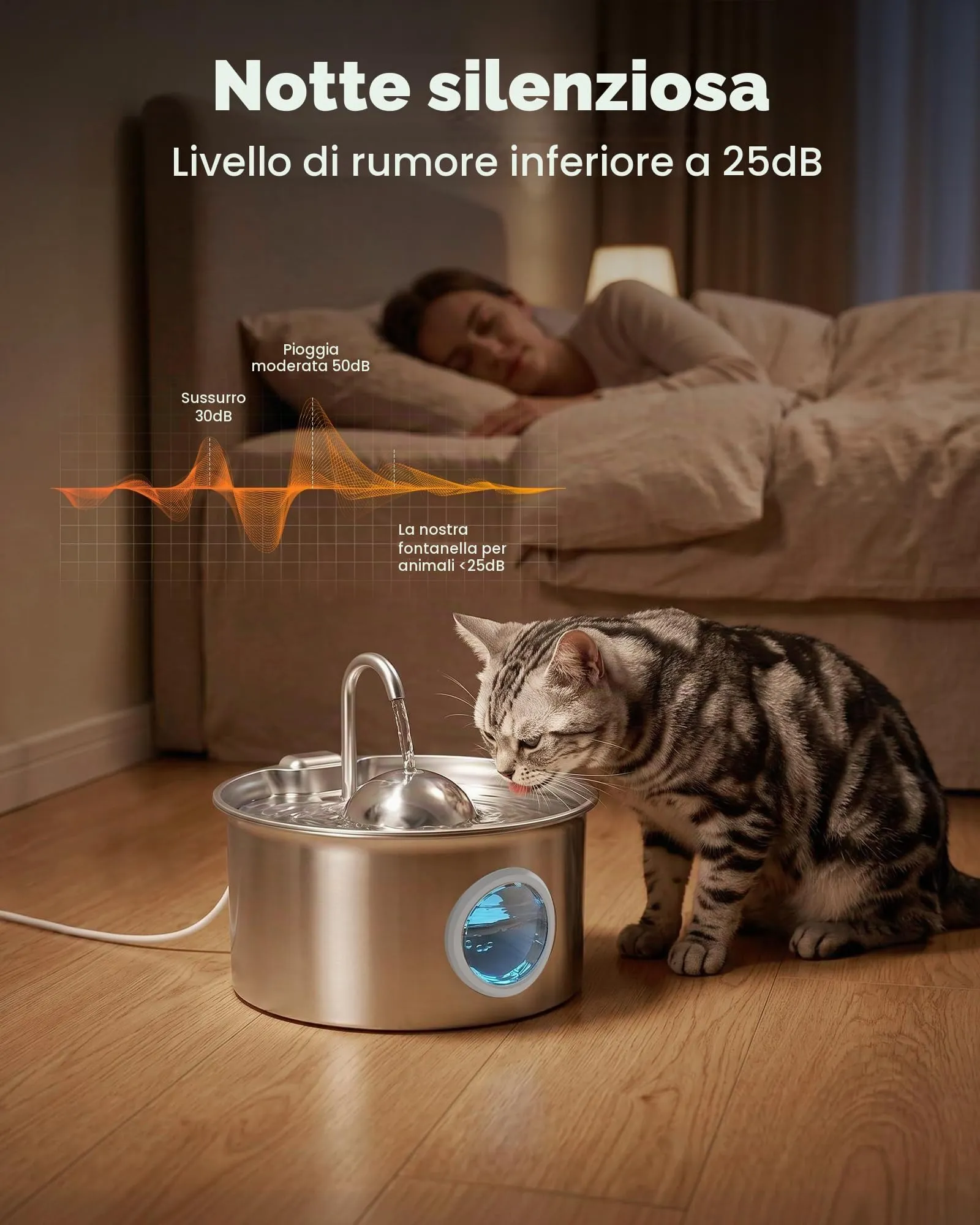Dctrod Fontana per Gatti in Acciaio Inossidabile, 2.6L, Distributore d'Acqua Automatico con Filtraggio Quadruplo e Pompa Silenziosa - immagine 3