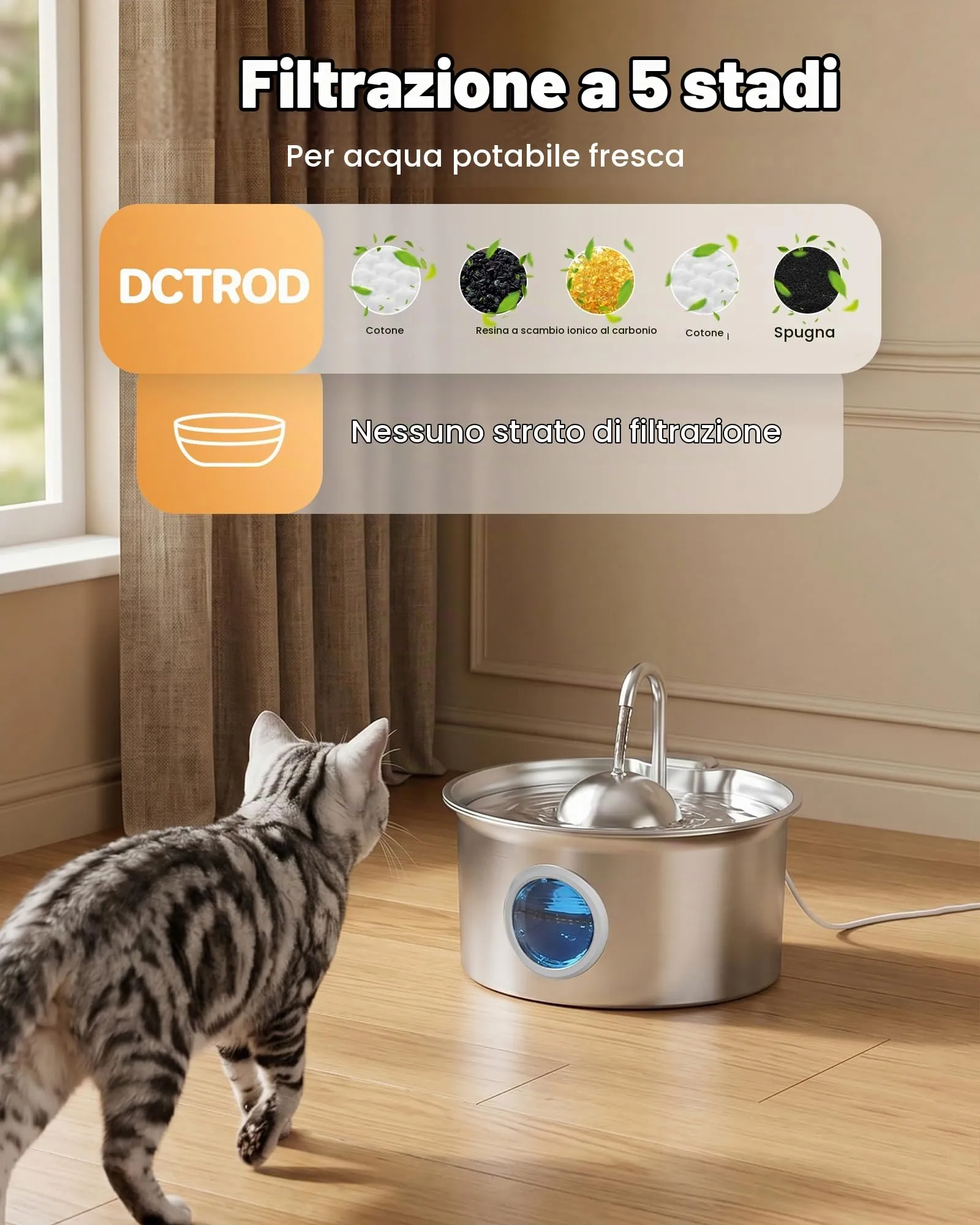 Dctrod Fontana per Gatti in Acciaio Inossidabile, 2.6L, Distributore d'Acqua Automatico con Filtraggio Quadruplo e Pompa Silenziosa - immagine 4
