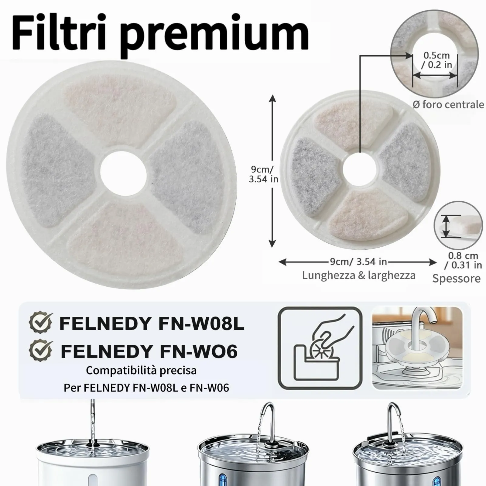 PewinGo Filtri Fontanella per Gatti, 8 Filtri e 8 Spugne Pompa per FELFNEDY FN-W8L e FN-W6 - immagine 4