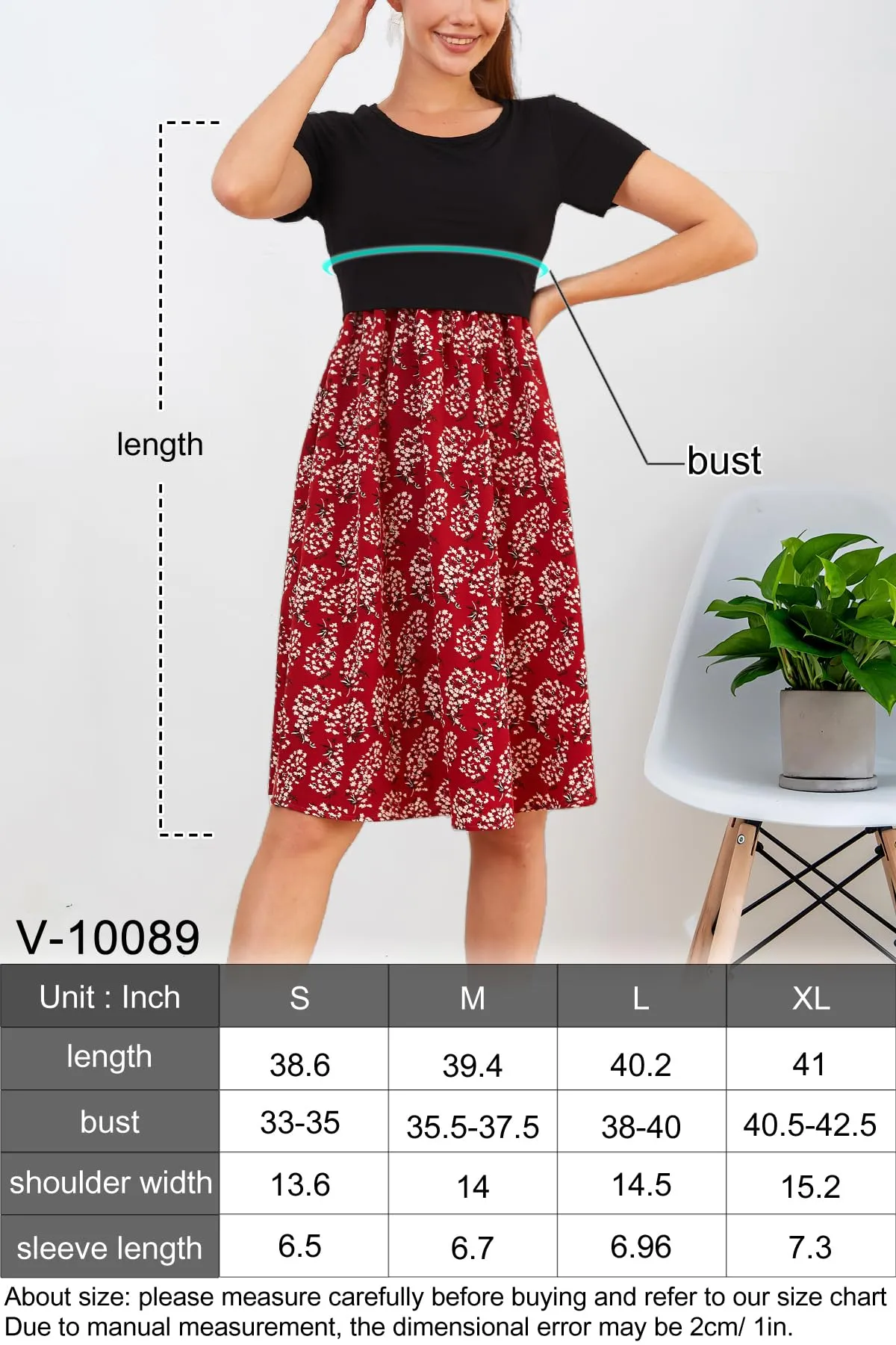 PARNIXS Abito estivo premaman e allattamento a maniche corte stile patchwork con tasche, M - immagine 7