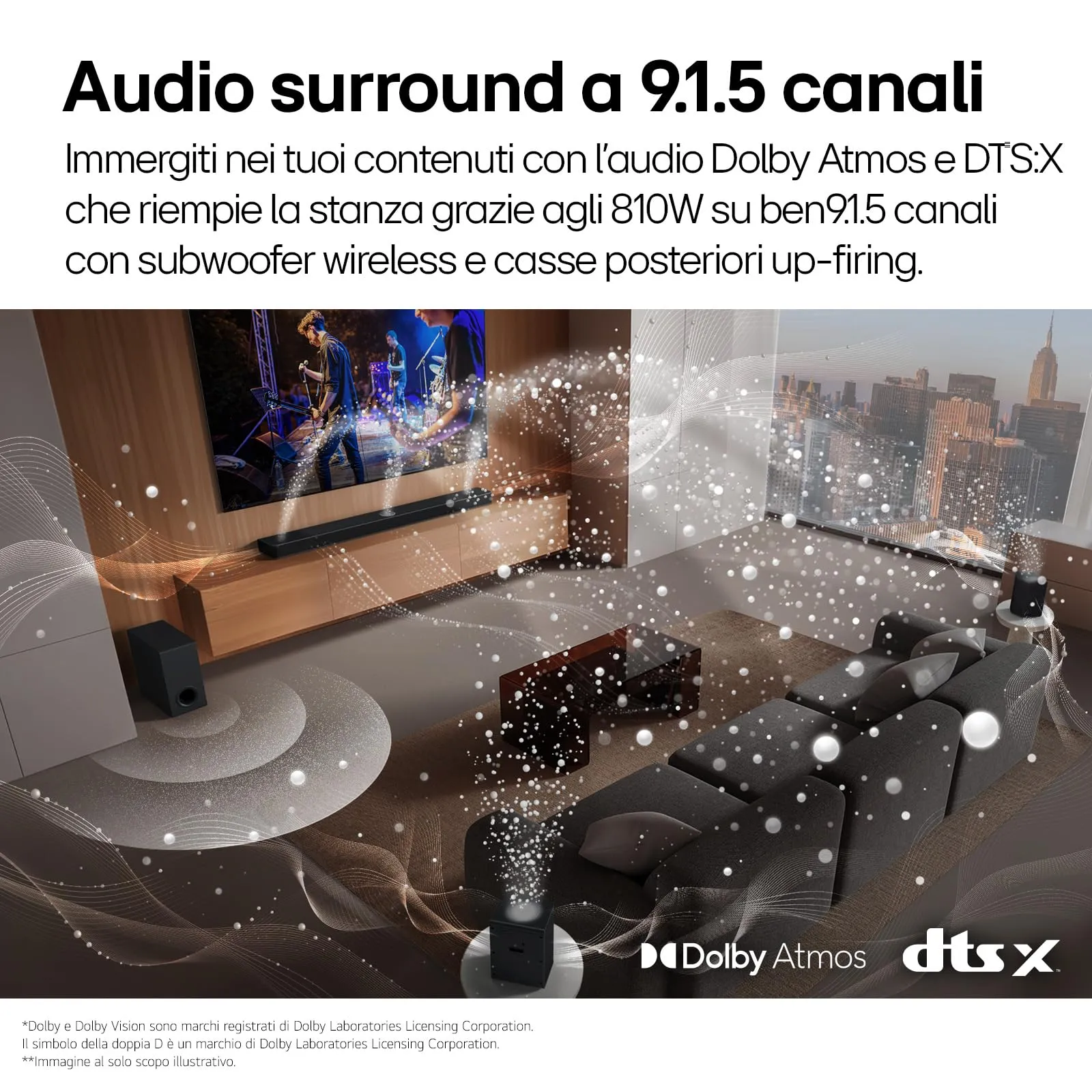 LG S95TR Soundbar 9.1.5 Channel with Wireless Subwoofer and Rear Speakers, 810W, Dolby Atmos, DTS:X, AI Room Calibration Pro - immagine 4