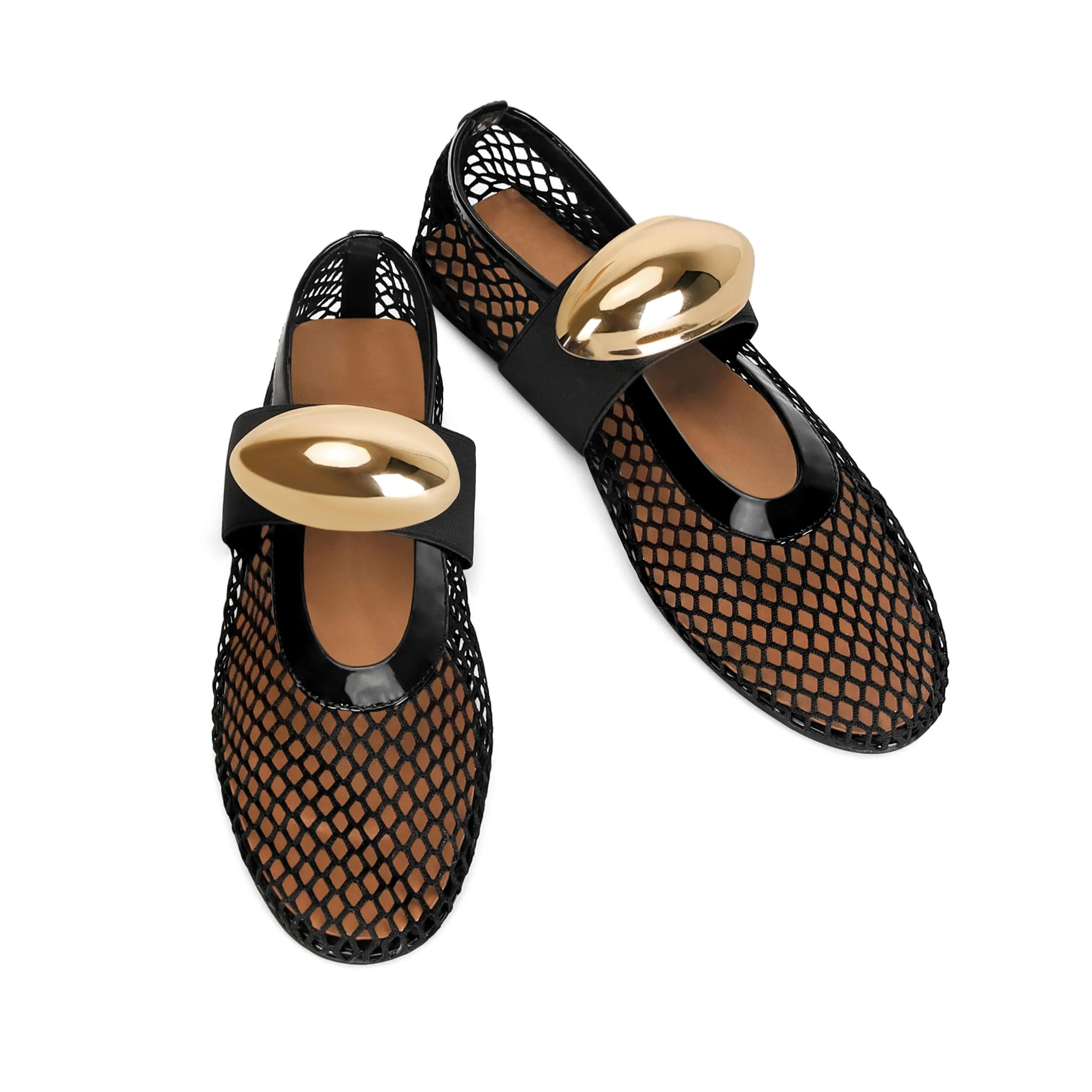 DOEYG Ballerine in rete da donna con fibbia, Nero e oro, 42 EU - immagine 4